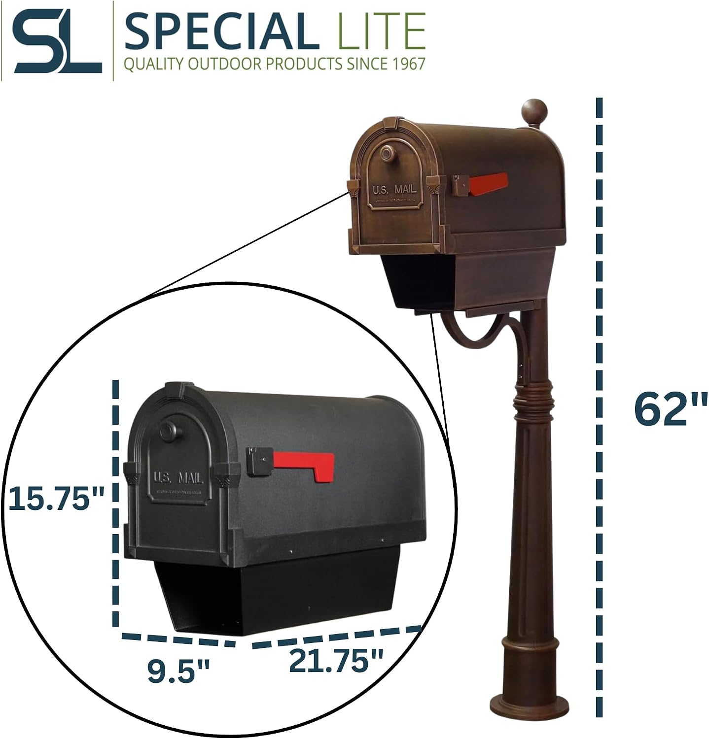 Special Lite Savannah Curbside Mailbox with Paper Tube with Ashland Post - Copper Aluminum Mailbox with Post - SCS2014-SPK600-CP