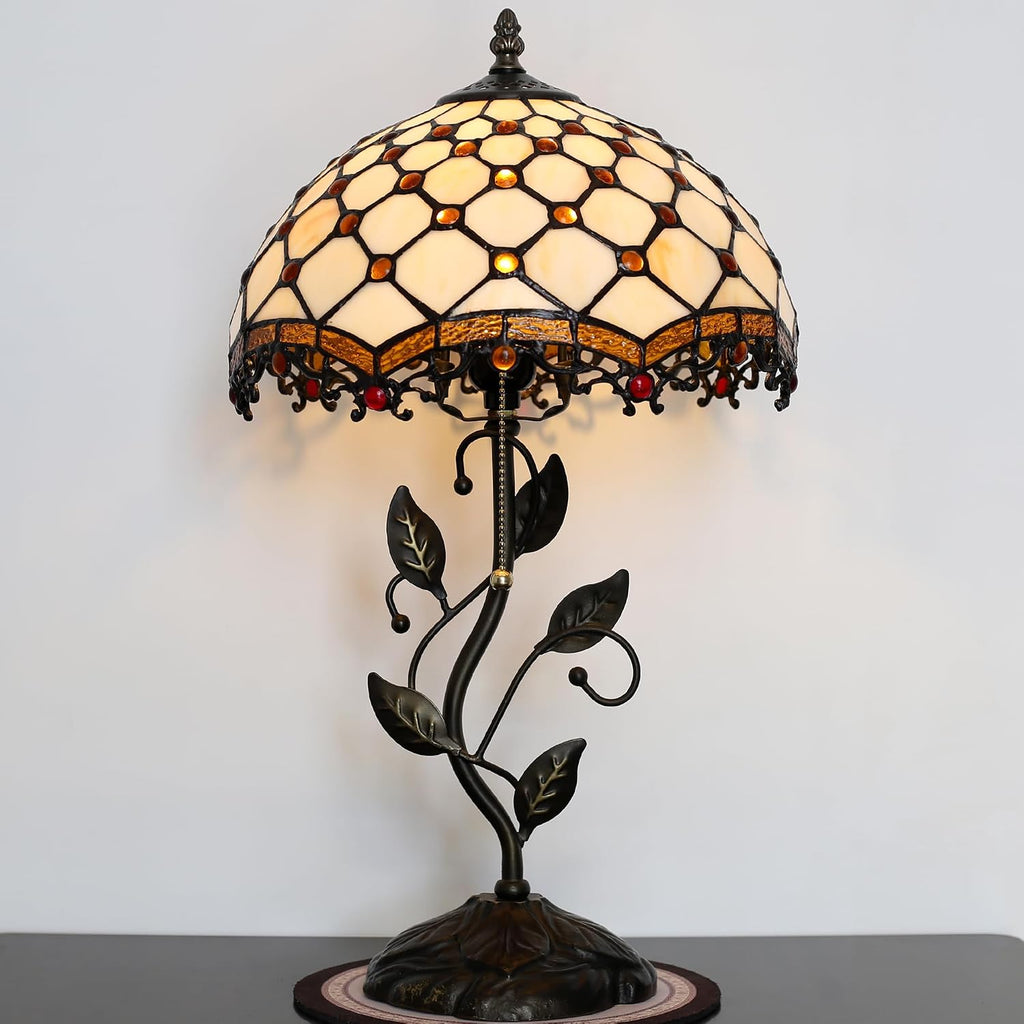 Tiffany Lamp Stained Glass Style Table Lamp Beads Style Bedside Desk Reading Light W12H19 Inch Metal Leaf Base with Metal Leaf Base