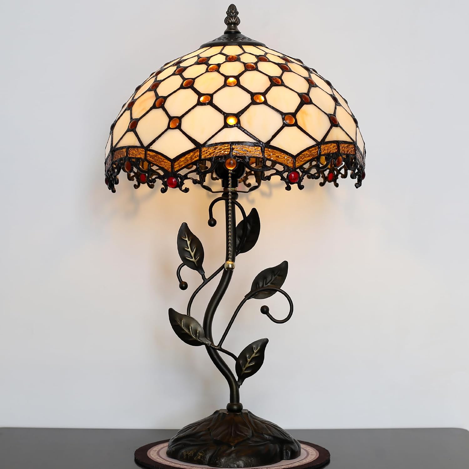 Tiffany Lamp Stained Glass Style Table Lamp Beads Style Bedside Desk Reading Light W12H19 Inch Metal Leaf Base with Metal Leaf Base