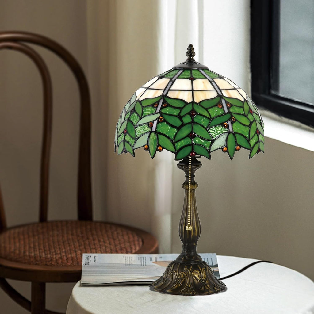 Tiffany Style Stained Glass Table Lamp 12-inch Dia Natural Green Leaf Design Lampshade Nightstand Light for Bedroom Dining Dorm Living Hallway Cottage Office Cafe Ceremony Housewarming Gift