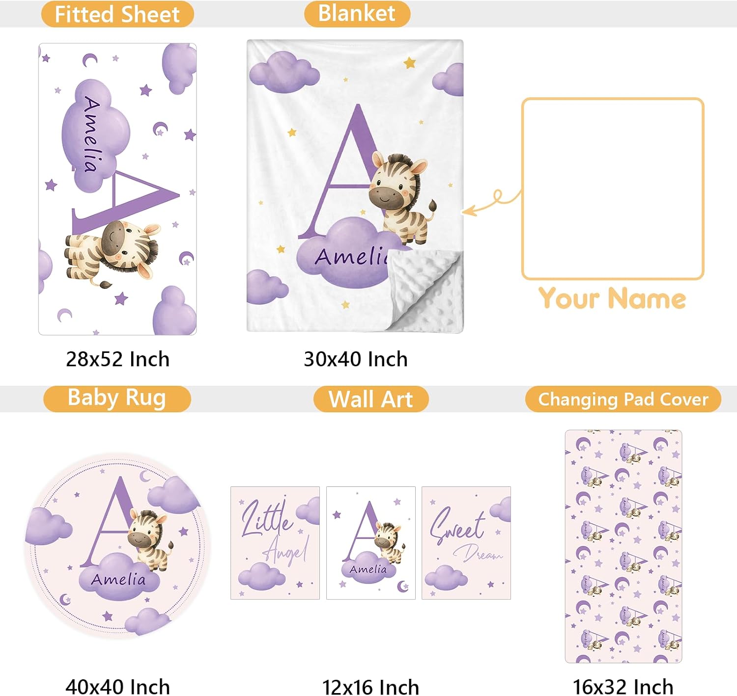 Terwex Personalized Baby Crib Bedding Set, 5 Pcs Custom Name Nursery Bedding Set, Purple Zebra Baby Bedding Set for Boys Girls, Double Layer Crib Sets, Customized Gifts for Infant Toddler New Parents