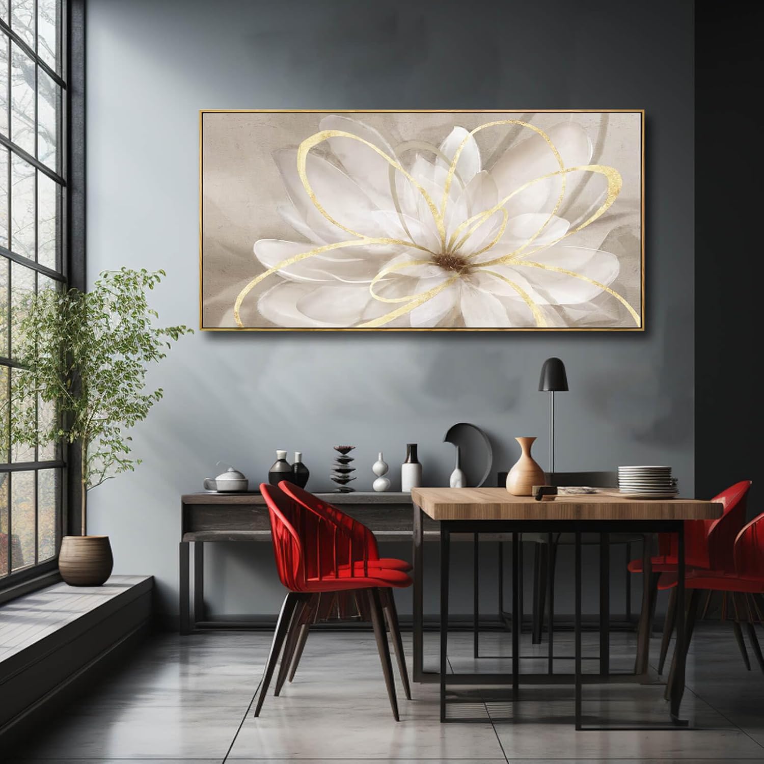 SOUGUAN Gold Flowers Canvas Wall Art Abstract Line Wall Decorations for Living Room Modern Home Decor Office Hanging Prints 24x48 Inch Bedroom Posters