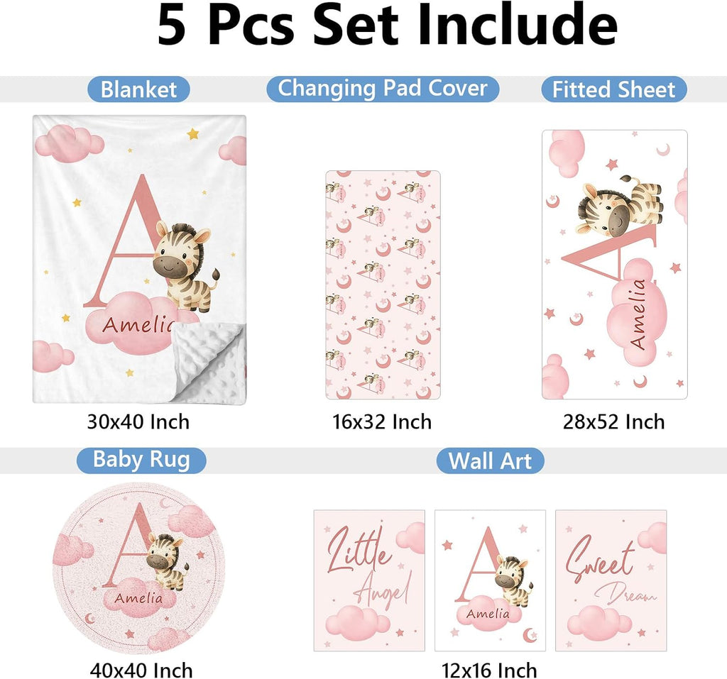 KAINSY Custom Crib Bedding Set, 5 Pcs Personalized Name Monogram Baby Crib Sets for Infants Toddlers, Pink Zebra Nursery Bedding Set for Boys Girls, Double Layer Baby Bedding Sets Customized Gifts