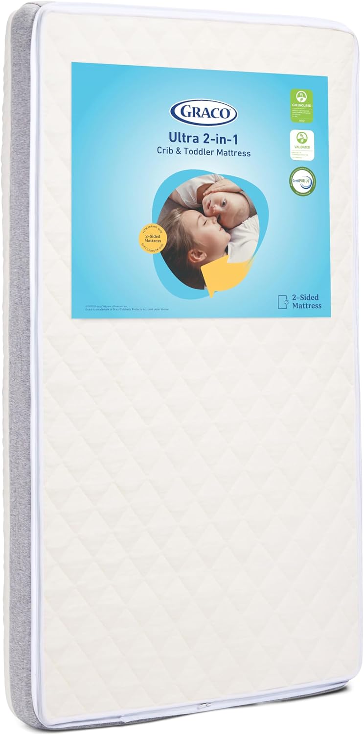 Graco Ultra 2-in-1 Premium Dual Sided Crib & Toddler Mattress - GREENGUARD Gold, CertiPUR-US Certified Foam, Machine Washable Cover with 100% Waterproof Surface, Fits Standard Crib & Toddler Beds