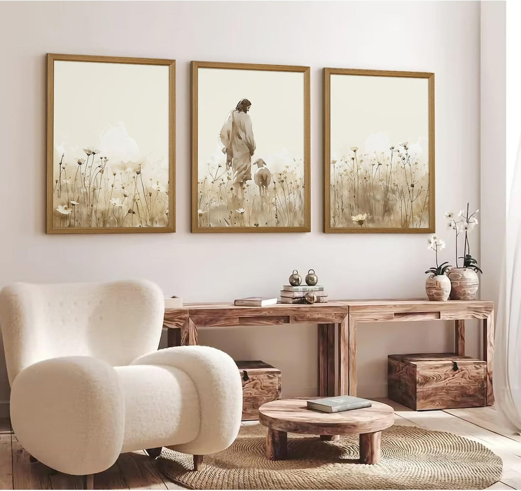 Jesus Leaves the 99 Sheep Wall Art Christian Canvas Poster Jesus and Lamb Wall Decor Religious Pictures Lost Sheep Painting God Christ Painting Artwork for Bedroom Living Room 24x36x3 Inch Wood Framed