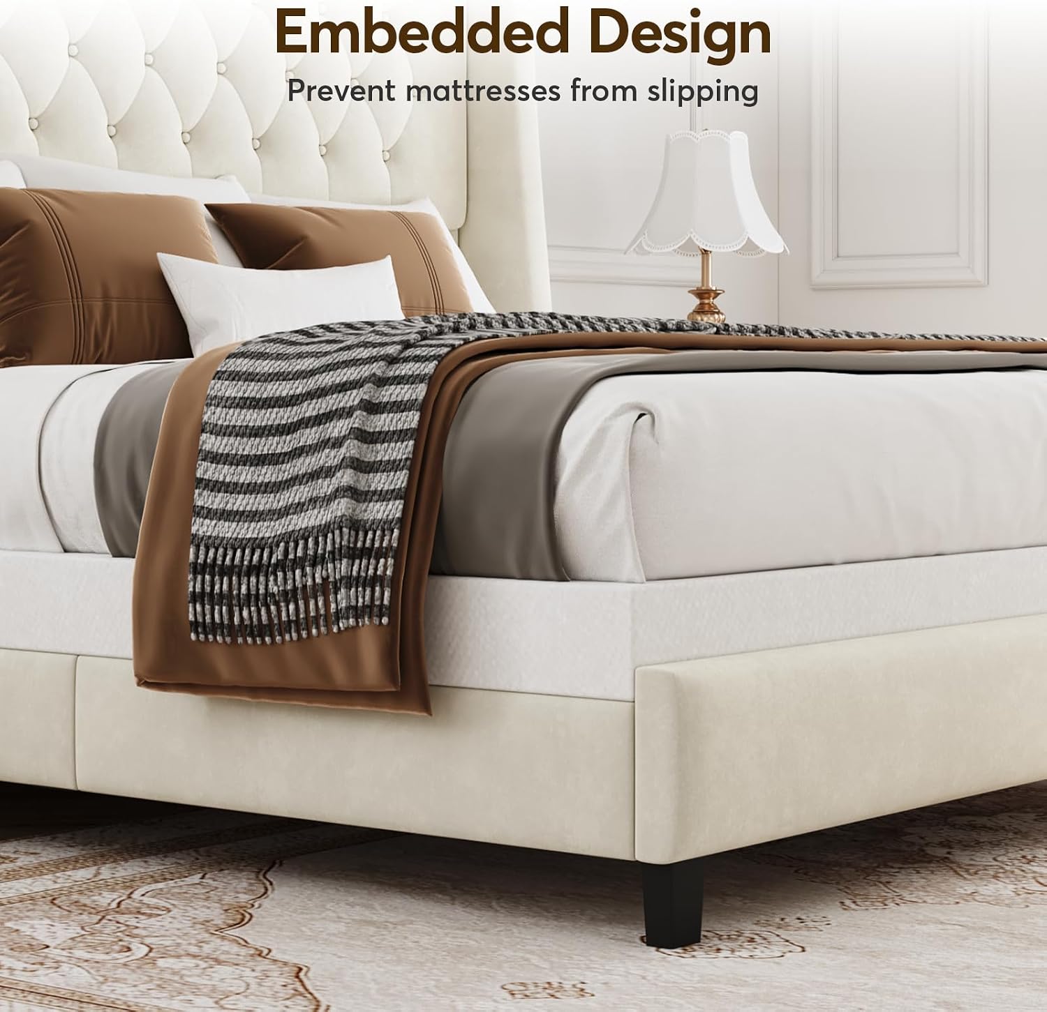 Queen Bed Frame with 55' Tall Headboard, Upholstered Bed Frames, Soft Fabric, Button Tufted Headboard with Windback, Platform Bed, Noise-Free, No Box Spring Needed, Beige