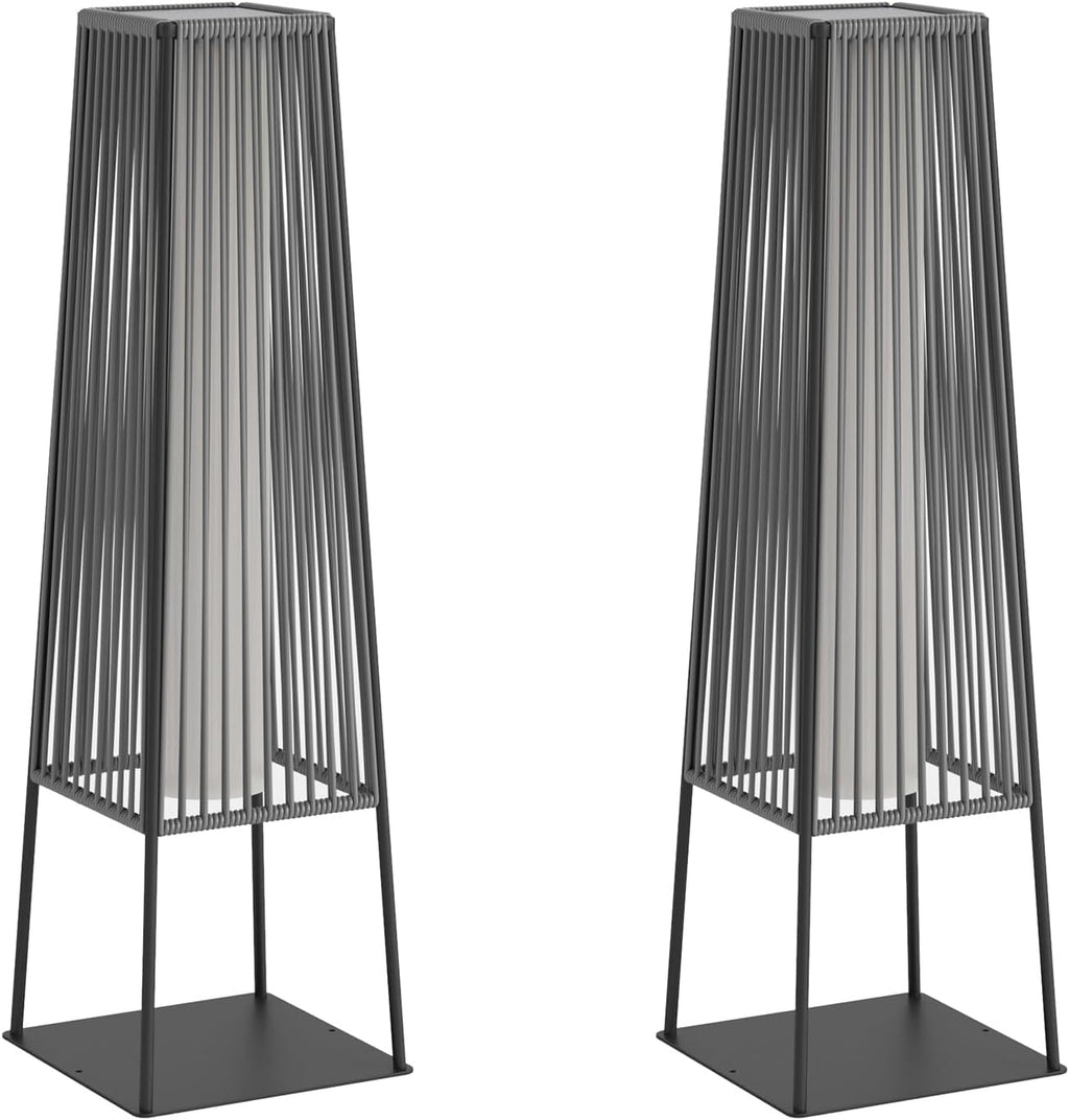 Outdoor Floor Lamp Set of 2, Rattan Solar Lanterns Outdoor Waterproof for Balcony, Deck, Garden & Patio (Gray)