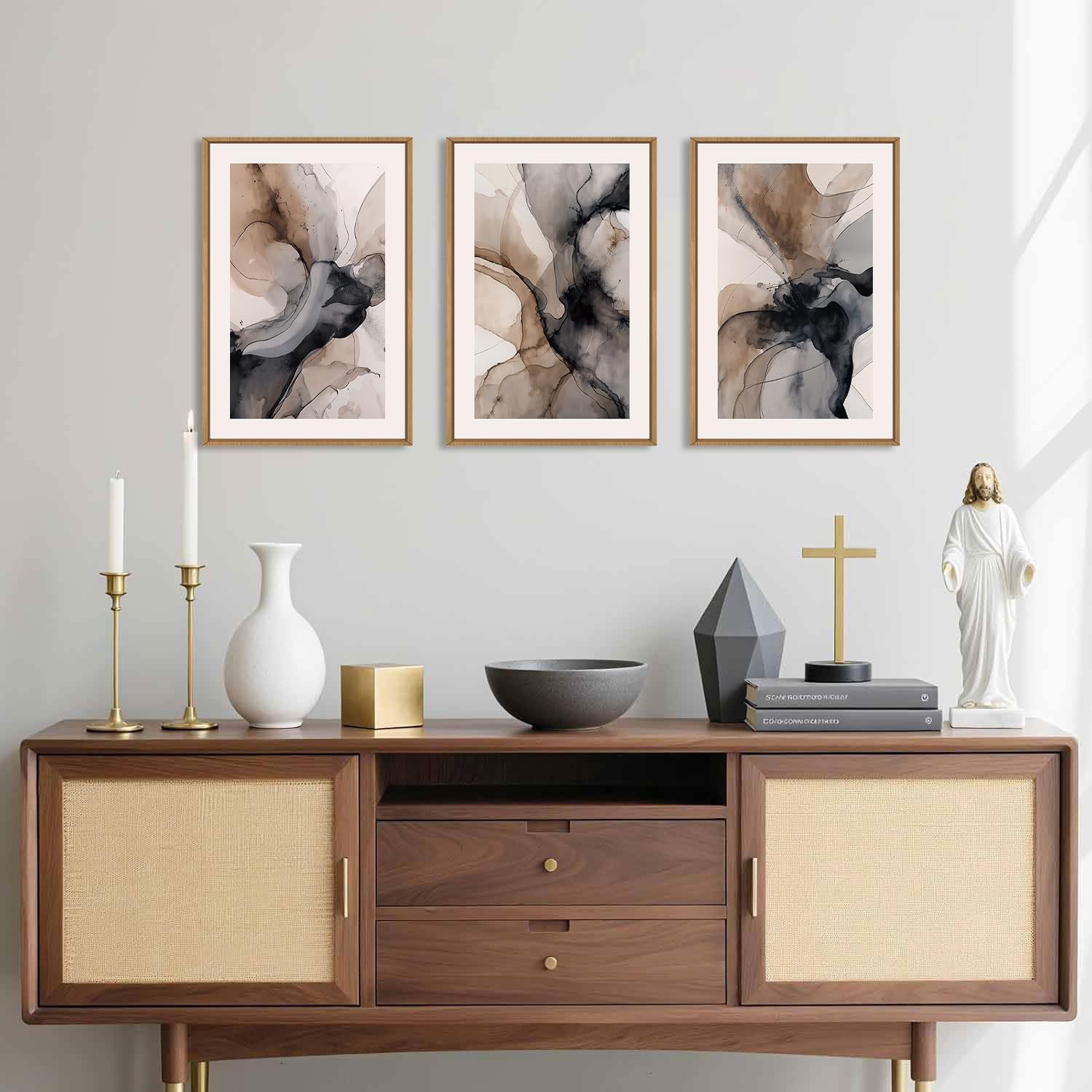 Celestdeco Large Abstract Neutral Framed Canvas Wall Art,Watercolor Black Ink Wall Decor,Modern Beige Brown Prints,Minimalist Line Artwork for Living Room,Bedroom,Dining Room,Office-24 x36 x3