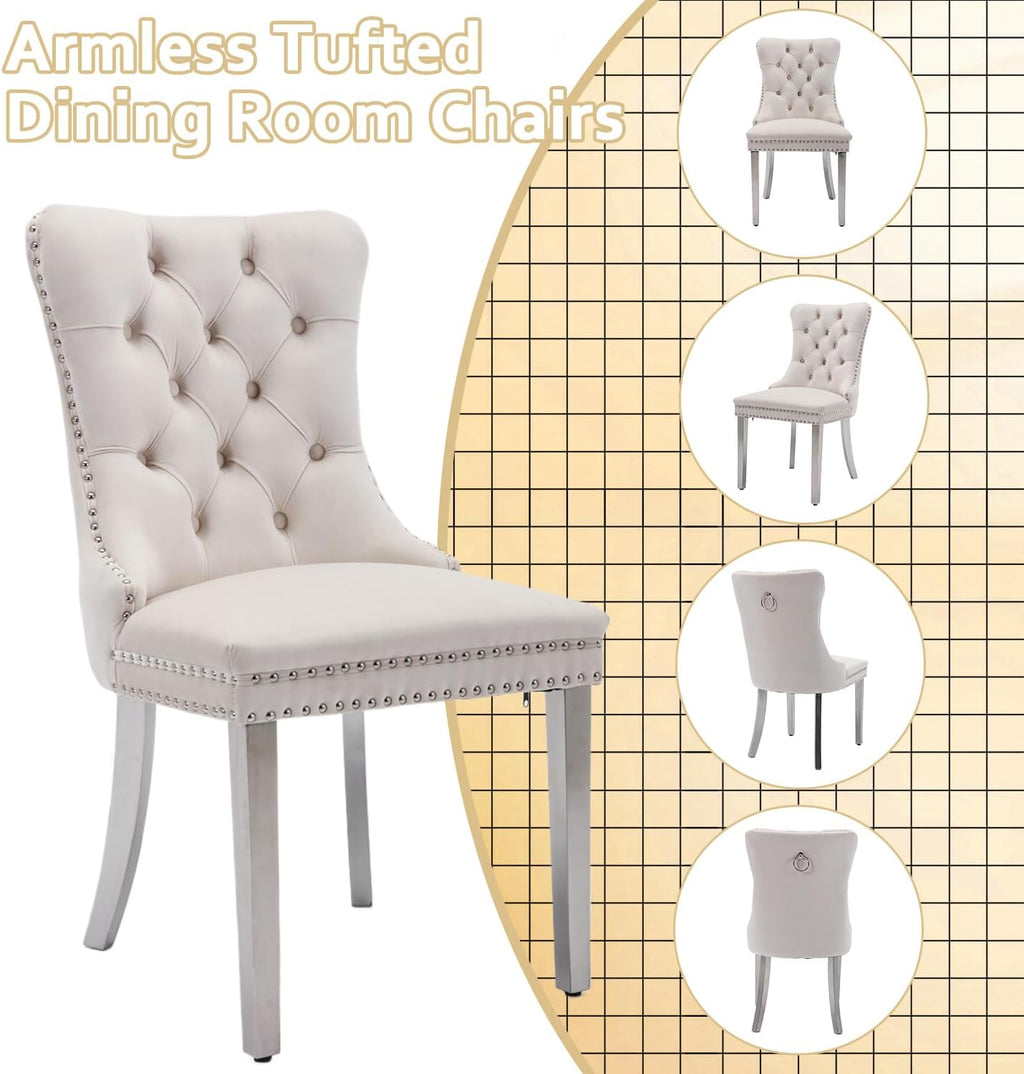 2 Piece Contemporary Velvet Upholstered Dining Chair with Chrome Stainless Steel Plating Legs, Nail Head Decro, Armless Tufted Dining Chair Fabric Dining Room Chair (Beige&Silver, Set of 2)