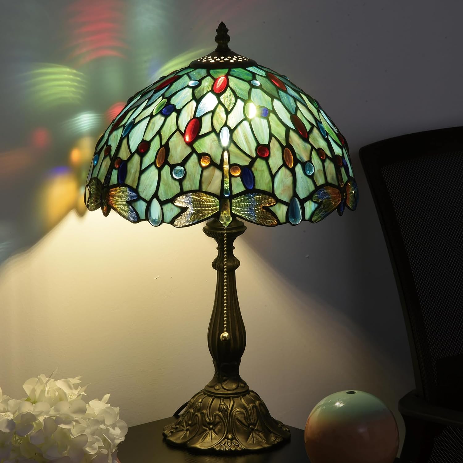 Tiffany Style Stained Glass Table Lamp 12-inch Dia Ocean Blue Dragonfly Design Lampshade Vintage Nightstand Light for Bedroom Dorm Living Hallway Cottage Office Cafe Ceremony Housewarming Gift