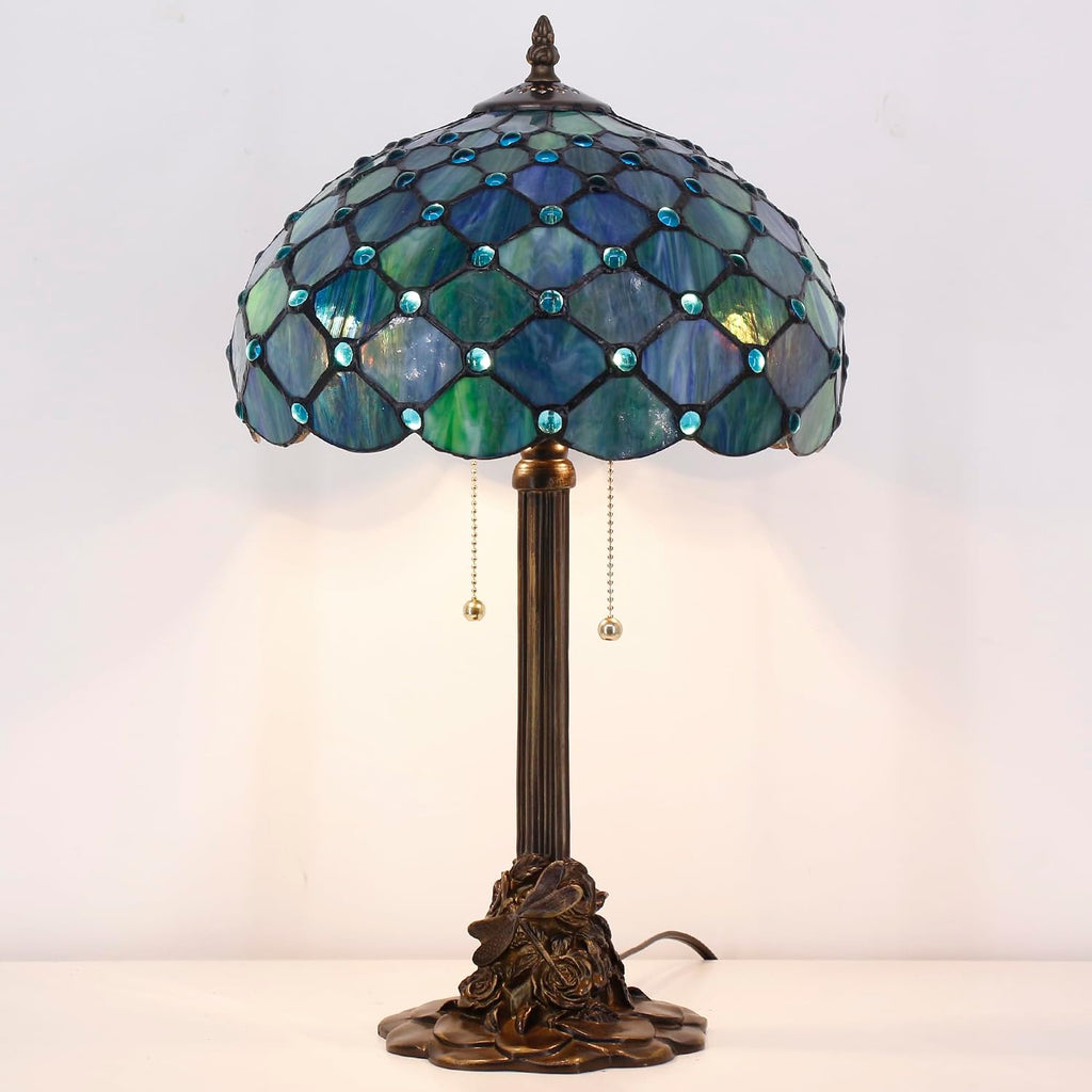 Tiffany Table Lamp Stained Glass Desk Lamp 12X12X21Inch Resin Base for Bedroom Living Room Reading Light (Sea Blue Pearl)