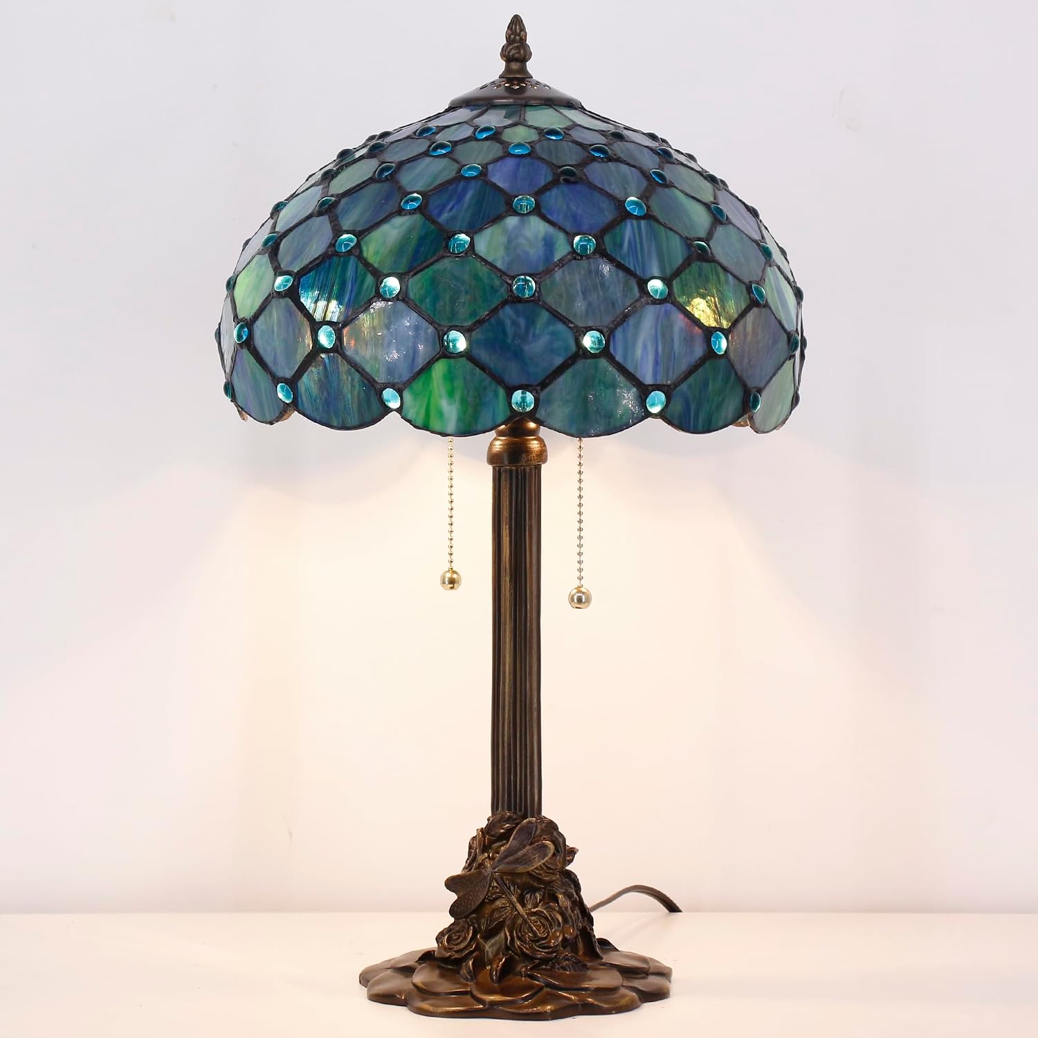 Tiffany Table Lamp Stained Glass Desk Lamp 12X12X21Inch Resin Base for Bedroom Living Room Reading Light (Sea Blue Pearl)