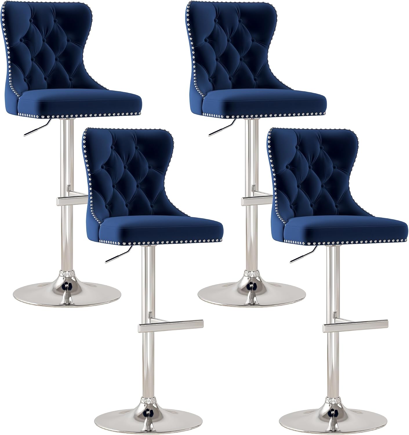 Bar Stools Set of 4, Velvet Swivel Counter Height Stools with Tufted Back, Adjustable Seat with Nailheads Trim, Upholstered Bar Chairs with Steel Base for Kitchen Island, Pub, Blue