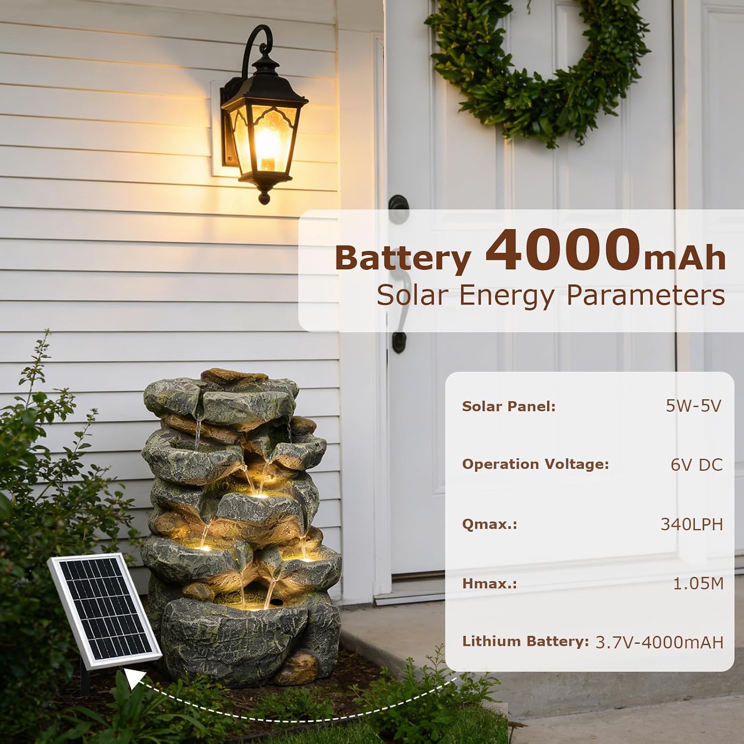 Solar Water Fountain Outdoor Garden,5 Tiered Cascading Rock Solar Powered Water Fountain Water Fall Fountains Outside with Lights for Backyard, Patio, Deck, Porch, 19.3' H x 12.2' L x 9.5' W