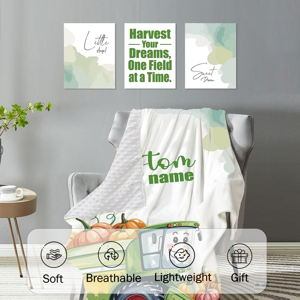 Personalized Crib Bedding Set for Baby Boys, Farm Truck Pattern Custom Name Baby Crib Sets 5-Pcs, Double Layer Baby Blanket Fitted Sheet Changing Pad Cover Rug Wall Art Set