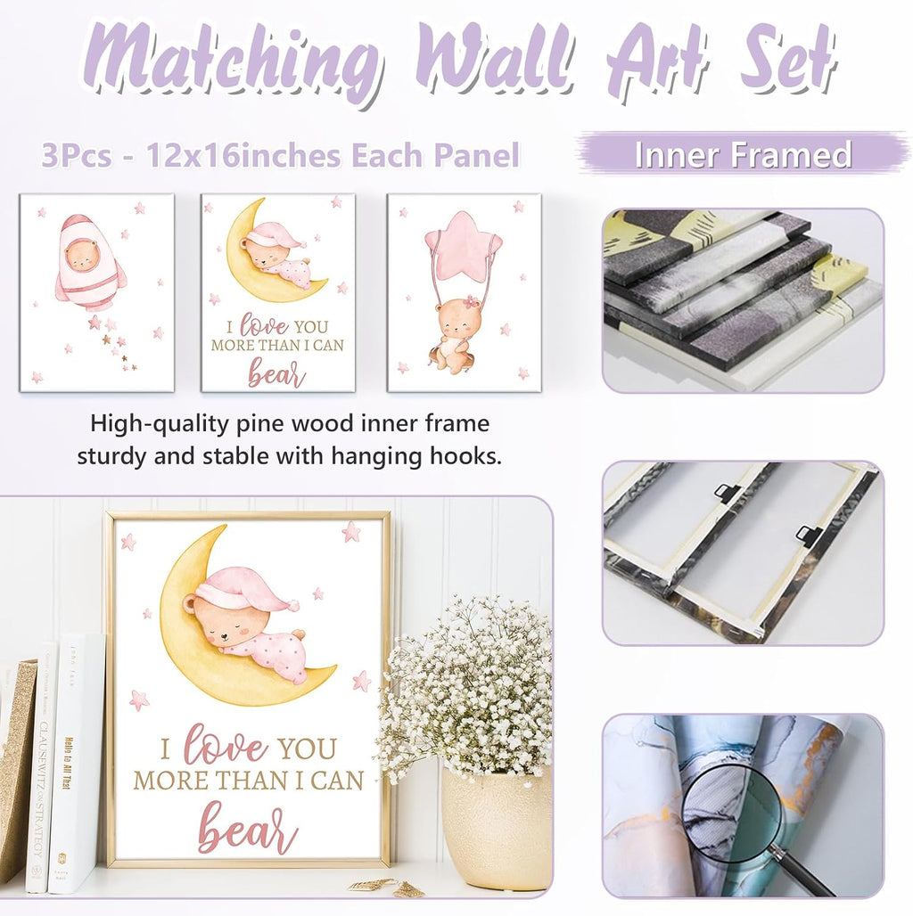Custom Baby Crib Bedding Set, 5 PCS Personalized Name Baby Crib Sets for Girls Boys, Pink Bear Theme Nursery Bedding Sets for Infant Toddler, Double Layer Flannel Bed Set Customized Gifts