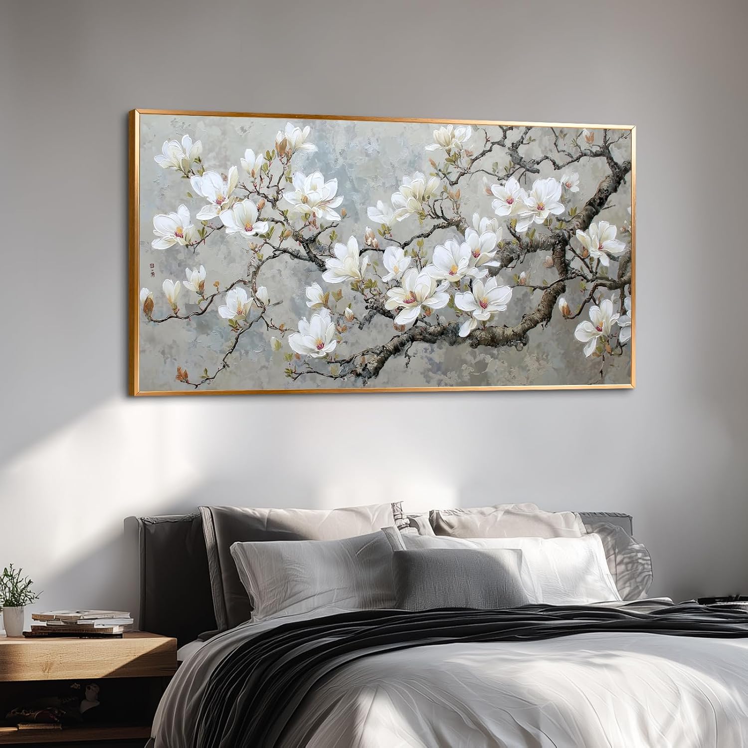 BewDalky Black Metal Framed Wall Art Flower Tree Canvas Print White Magnolia Blossom Picture Nature Landscape Painting Floral Artwork for Living Room Bedroom Home Office Farmhouse Decor 24' x 46'