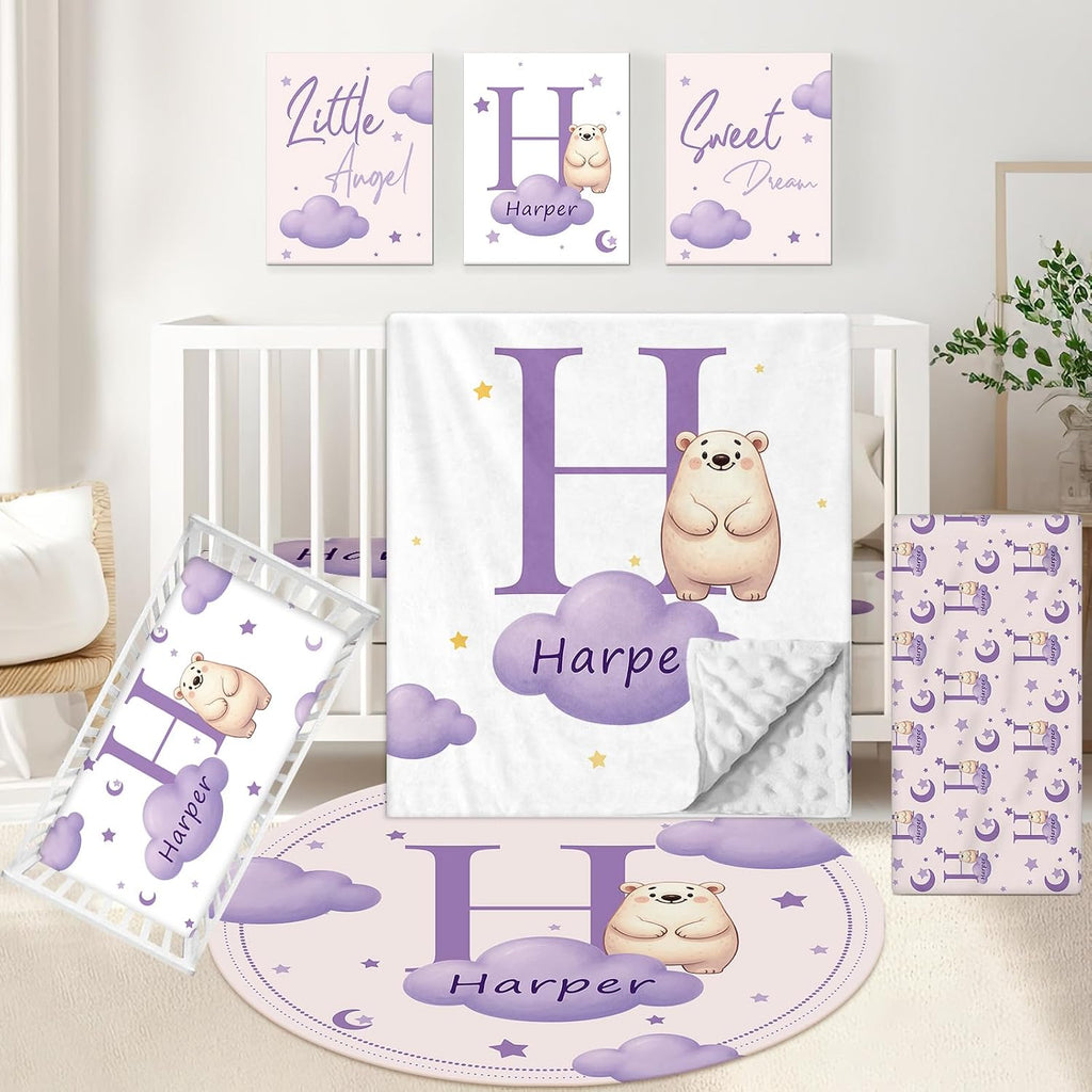 KAINSY Custom Crib Bedding Set, 5 Pcs Personalized Name Monogram Baby Crib Sets for Infants Toddlers, Purple Bear Nursery Bedding Set for Boys Girls, Soft Flannel Baby Bedding Sets Customized Gifts