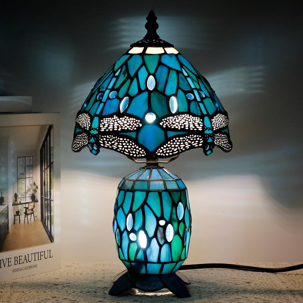 Small Tiffany Lamp Stained Glass Table Lamp Mini Mother Daughter Vase Desk Accent Light for Bedroom Bedside Reading Home Antique Style Decor 8X14 Inches (Green Dragonfly)