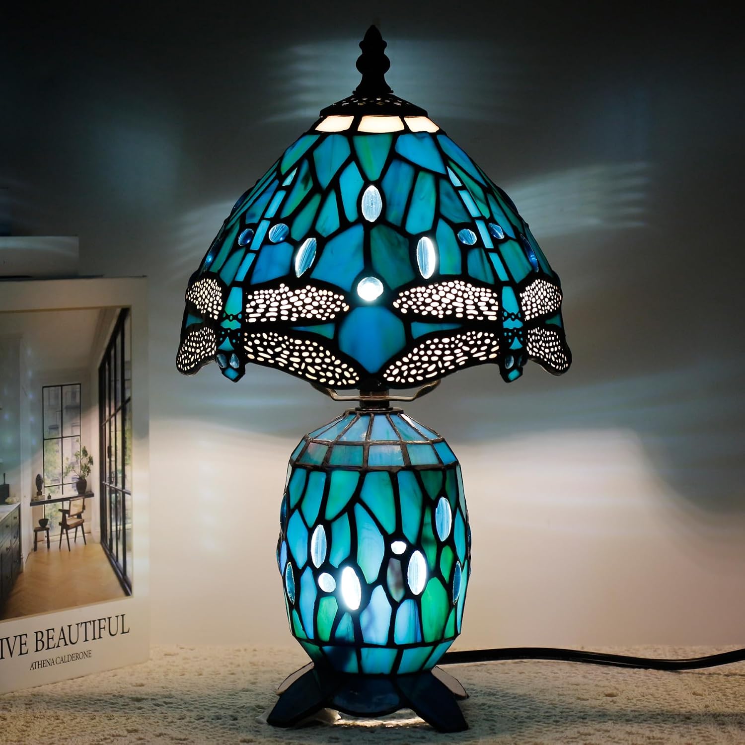 Small Tiffany Lamp Stained Glass Table Lamp Mini Mother Daughter Vase Desk Accent Light for Bedroom Bedside Reading Home Antique Style Decor 8X14 Inches (Green Dragonfly)