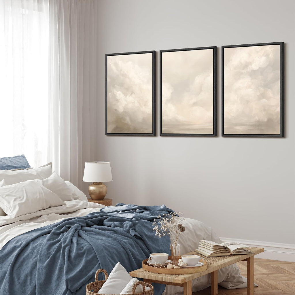 MUDECOR Framed Wall Art Print Set Neutral Cloudscape Soft Beige Abstract Sky Illustrations Modern Art Boho Decorative Colorful Chic for Living Room, Bedroom, Office - 16'x24'x3 Black