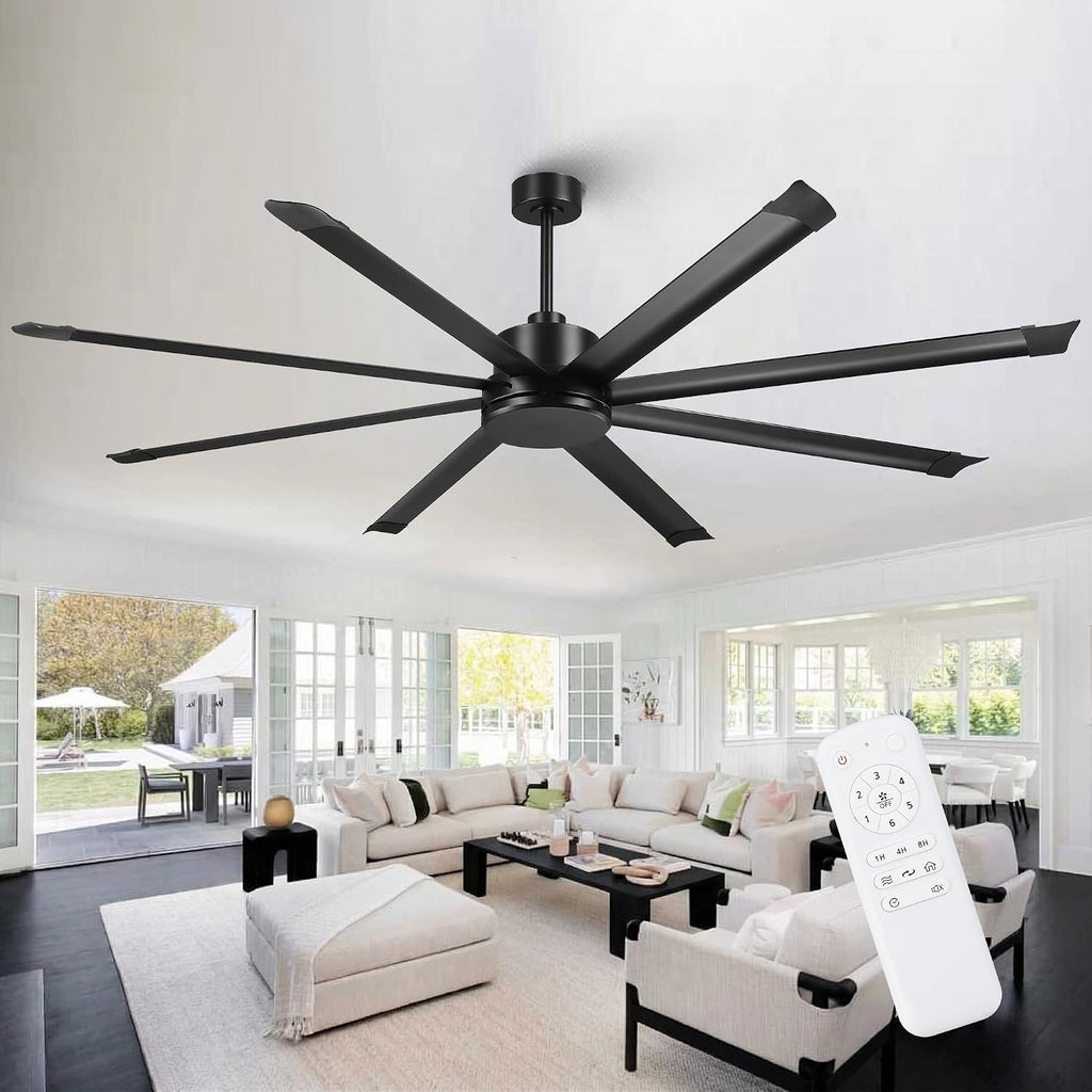84 Inch Industrial Ceiling Fan No Light, Large Black Ceiling Fan without Light with Remote Control, High CFM Reversible DC Motor, 8 Aluminum Blades, Commercial Fan for Shop Garage Gym Warehouse