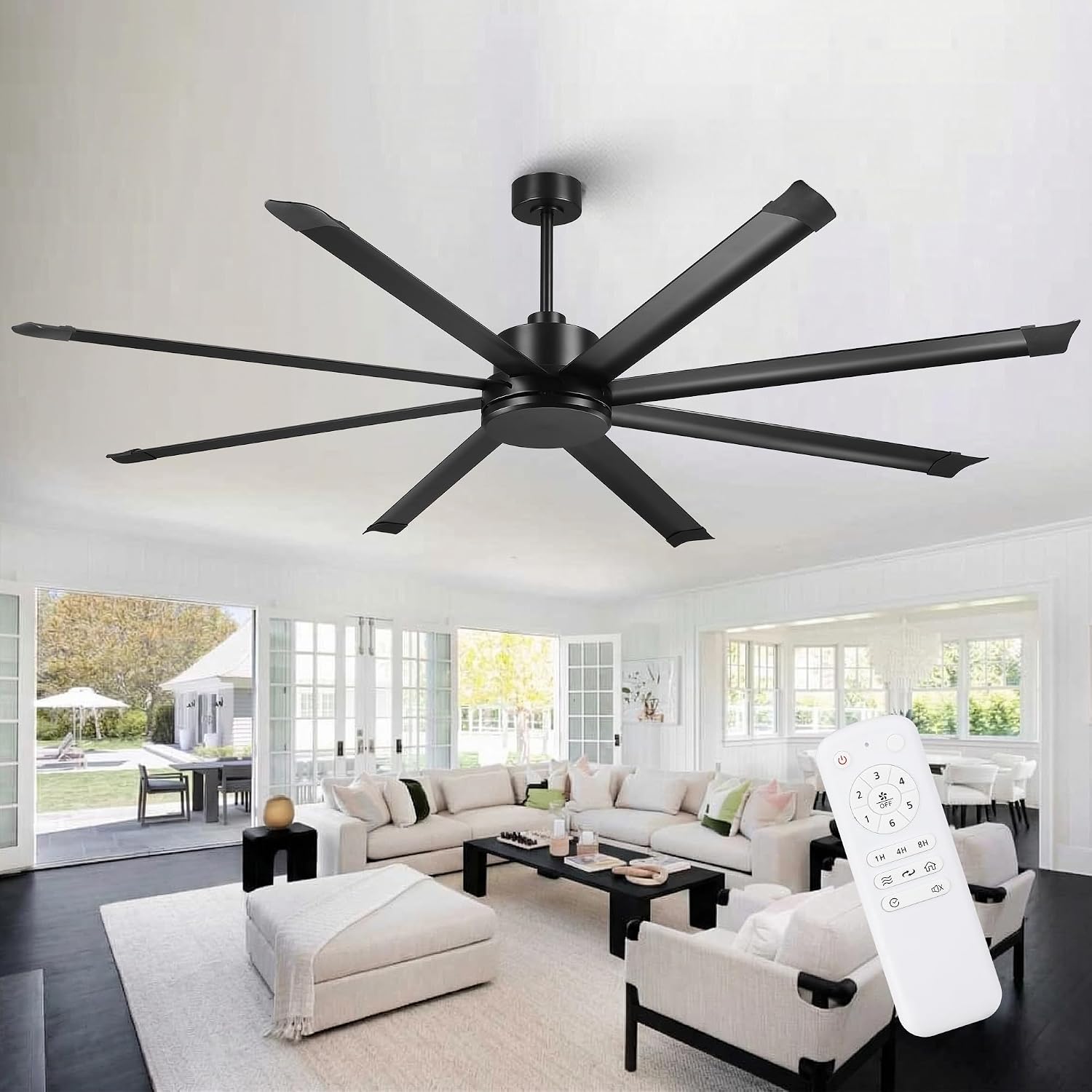 84 Inch Industrial Ceiling Fan No Light, Large Black Ceiling Fan without Light with Remote Control, High CFM Reversible DC Motor, 8 Aluminum Blades, Commercial Fan for Shop Garage Gym Warehouse