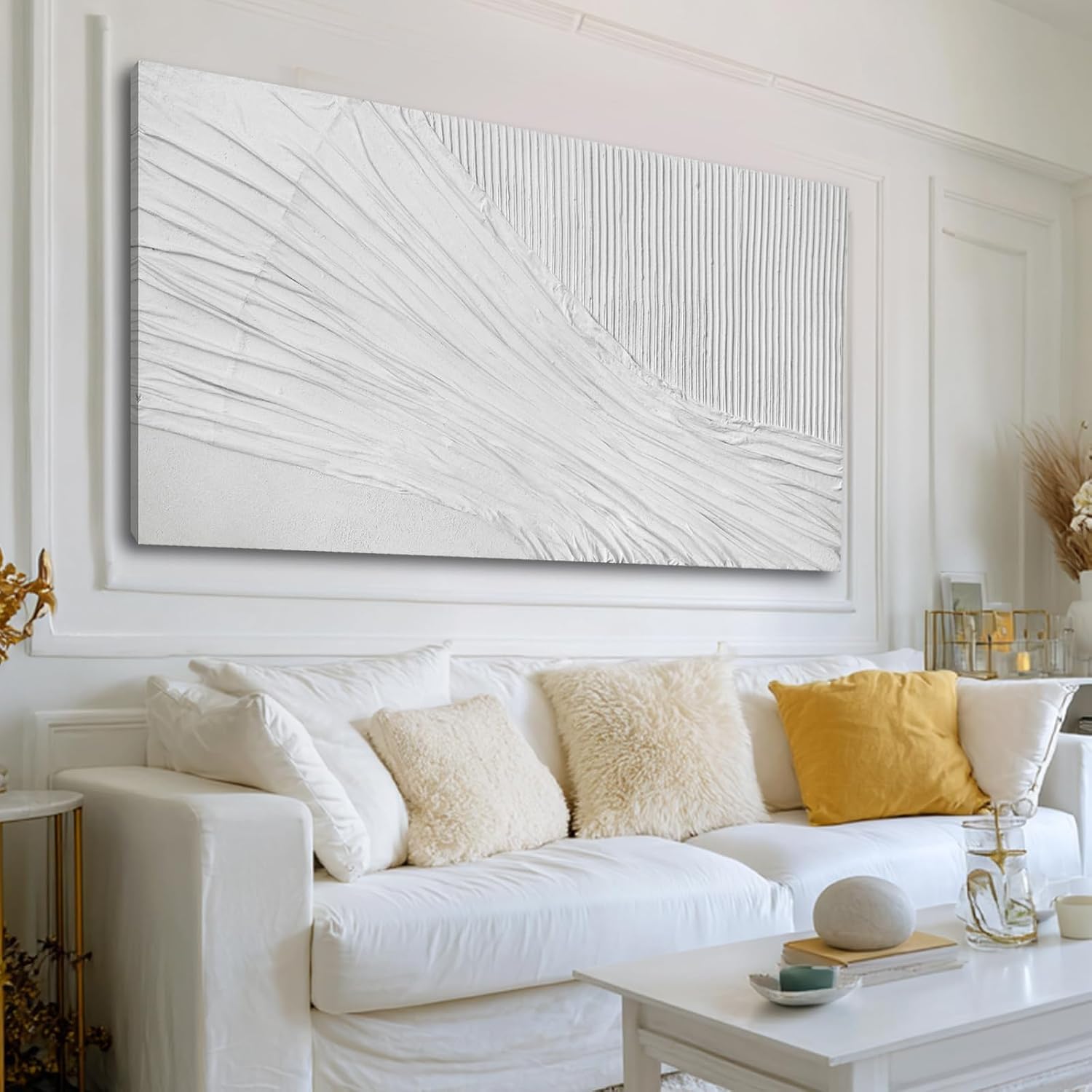 SHEYOYE White Textured Abstract Wall Art Canvas 24x48 Inch, Hand Painted Modern Wall Art, Minimalist Neutral Wall Decor, Canvas Wall Art for Living Room Bedroom, Gallery Wrapped Ready to Hang