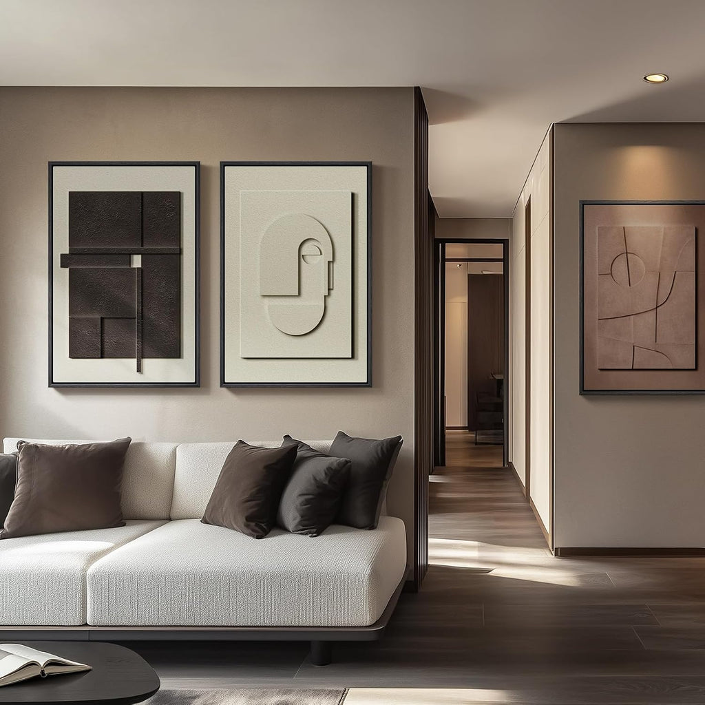 Large 3D Textured Framed Abstract Wall Art for Living Room, 3 Piece Modern Paintings Artwork for Walls, Black White Brown Geometric Sandstone Texture Pictures for Hallway Office Home Decor 24x36 In