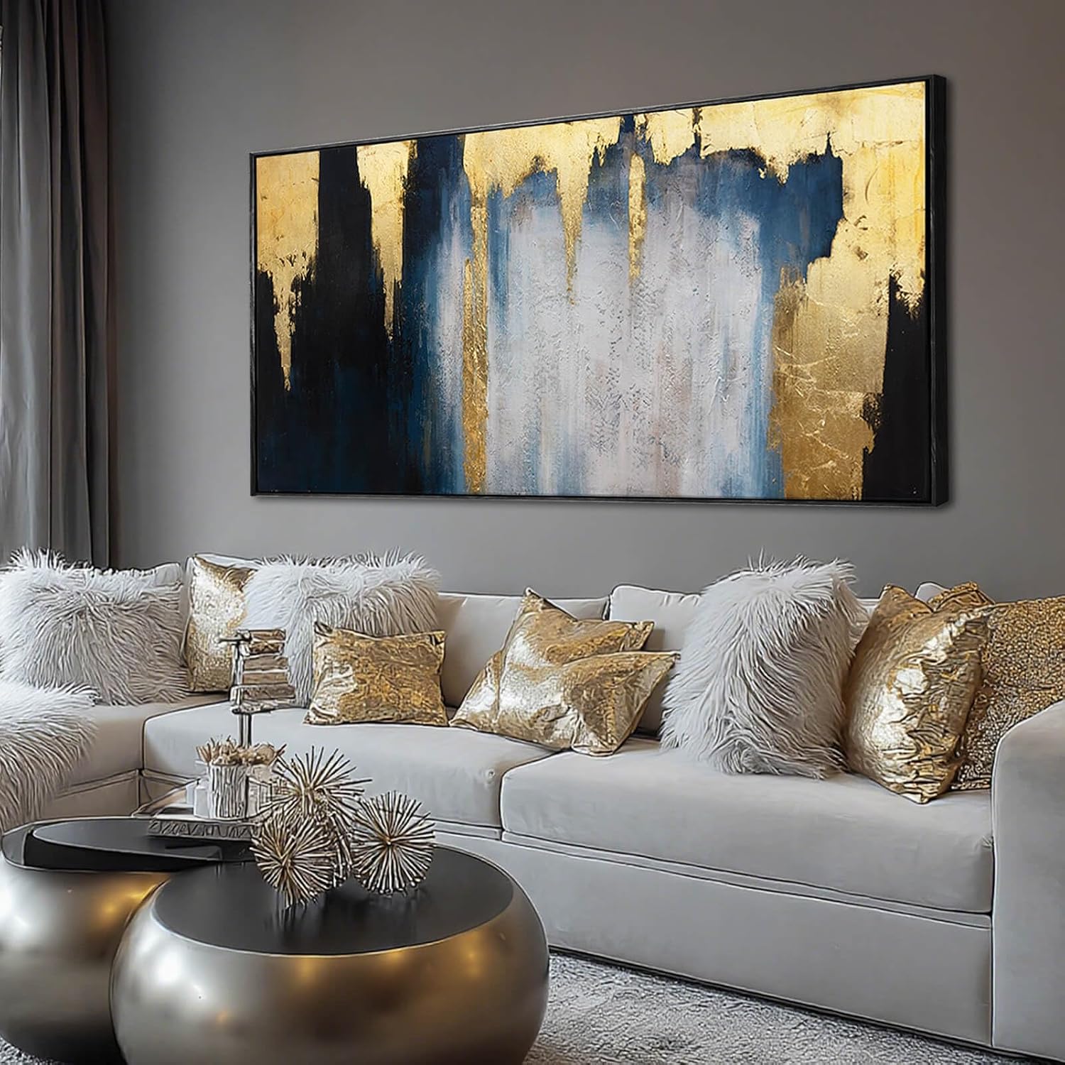 WINKAILIN Abstract Blue and Gold Wall Art with Black Frame Modern 24x48 Canvas Painting Large Artwork for Living Room Bedroom Office Home Decoration