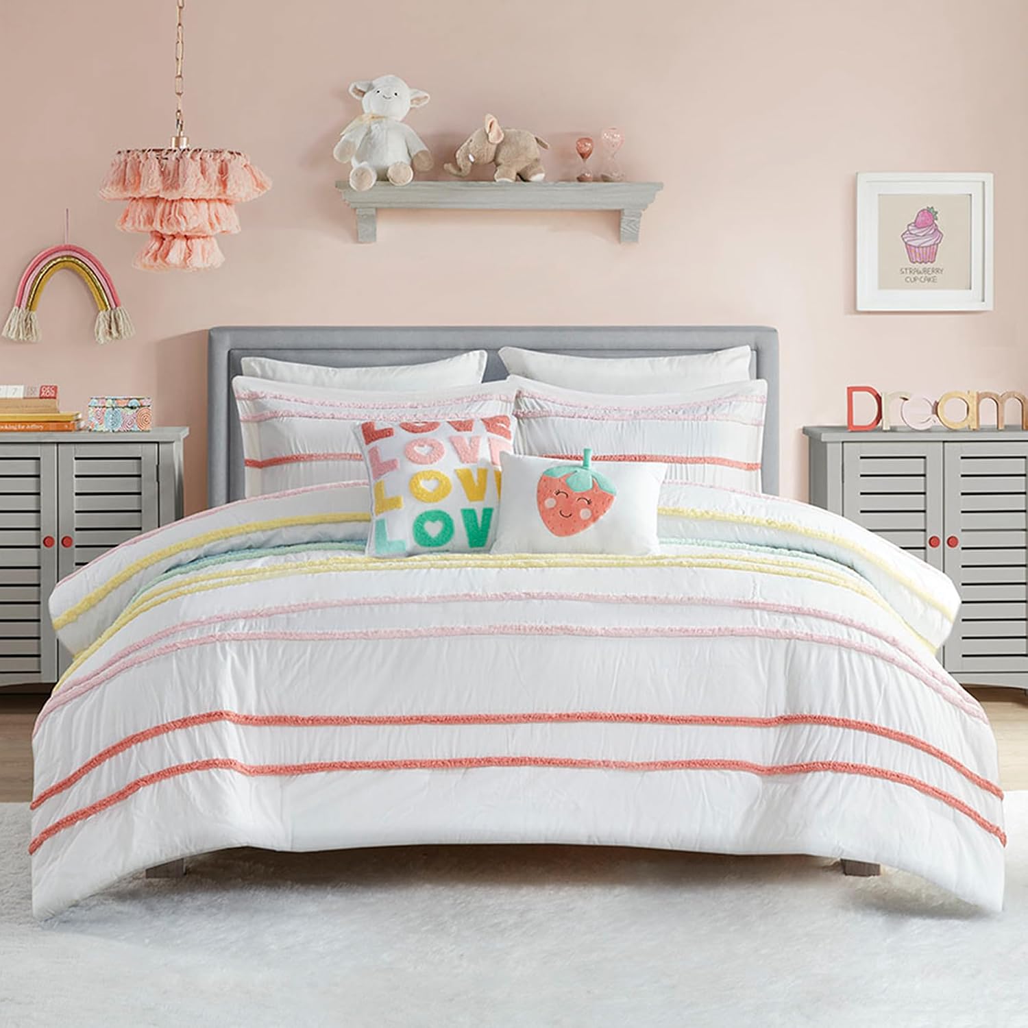 Intelligent Design Kids Twin Comforter Set, Cotton Comforter Set, Casual Fun Colors Chenille Stripes, All Seasons Fluffy Comforter Bed Set, 1 Sham, 2 Decor Pillows, Haisley, Twin, Pink Multi 4 Piece