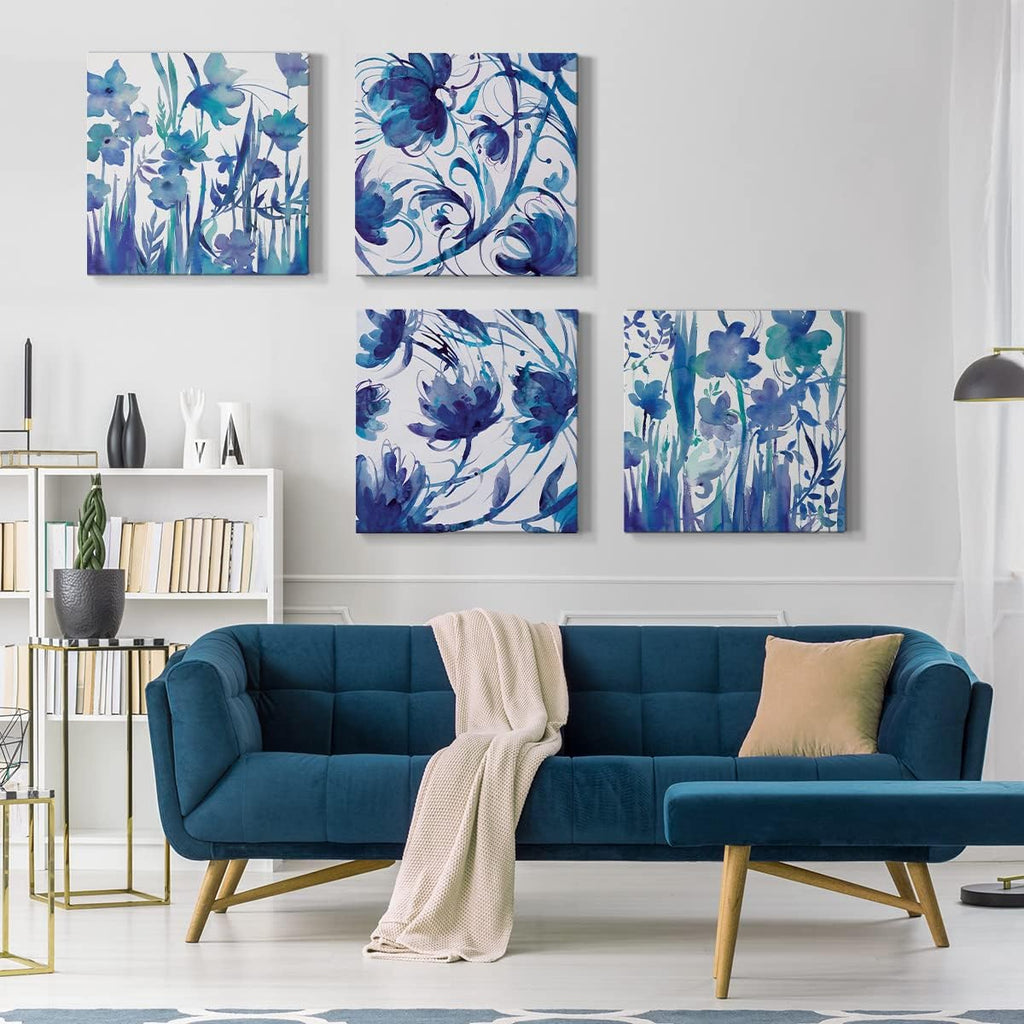 Renditions Gallery Bedroom Wall décor Blue Flower Wall Art 4 Pieces Set, 32 x 32 inches Each, Modern Abstract Painting Canvas Prints Artwork for Home, Office, Cabin, Guest Room
