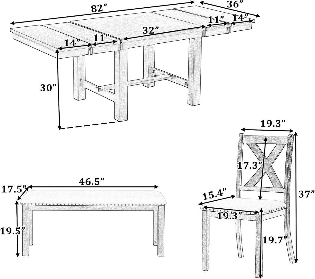 Farmhouse 6-Piece Extendable Dining Room Table Sets, Acacia Wood 82'' Dining Table with 2 Removable Leaf and Upholstered Dining Chairs& Bench, Soft Cushion with Rivet (Natural+Be)