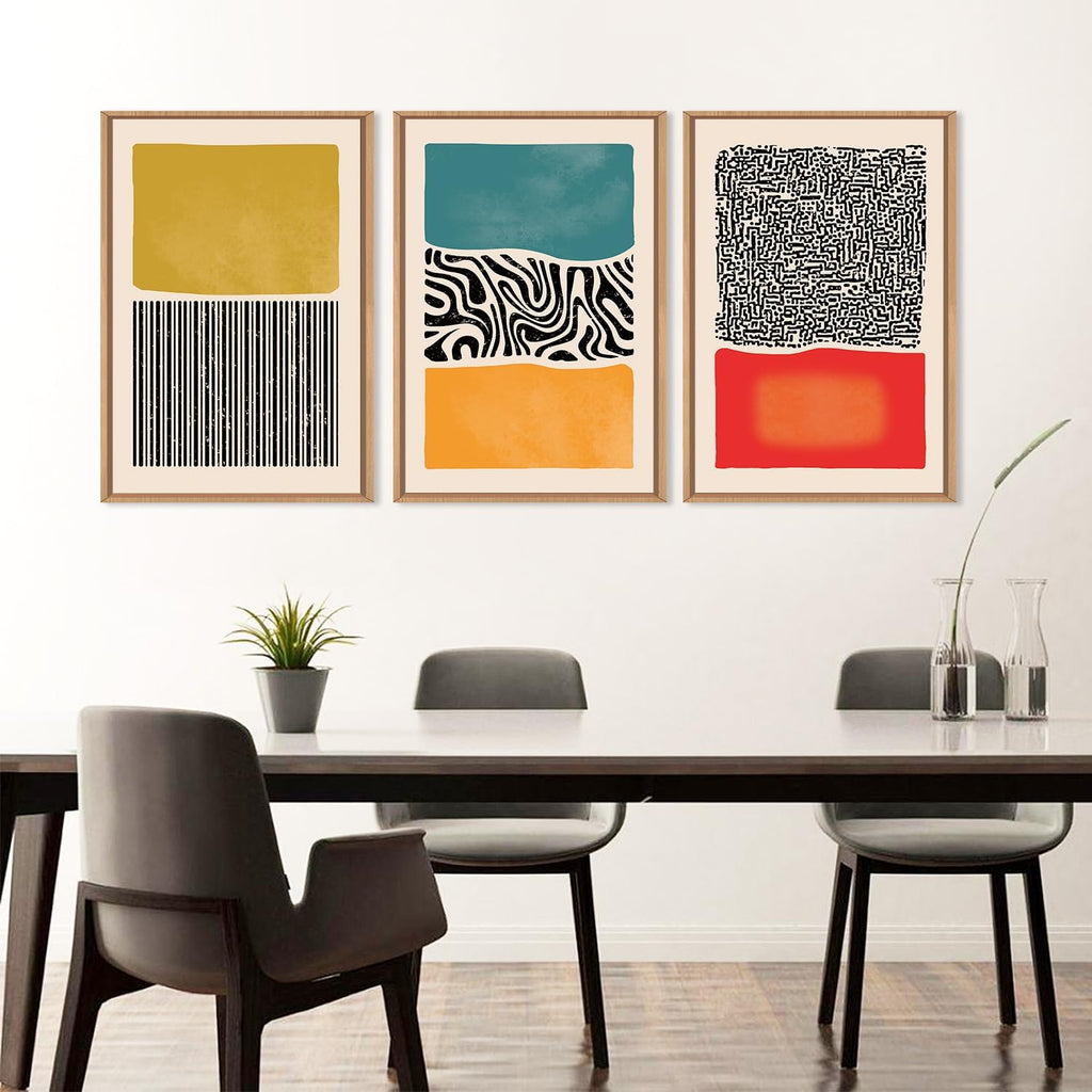 HLNIUC Large Mid Century Modern Wall Art Framed 24x36, Boho Abstract 3 Piece Canvas Decor, Mcm Vintage Bohemian Color Block Painting, Geometric Line Art Print for Living Room, Bedroom, Office