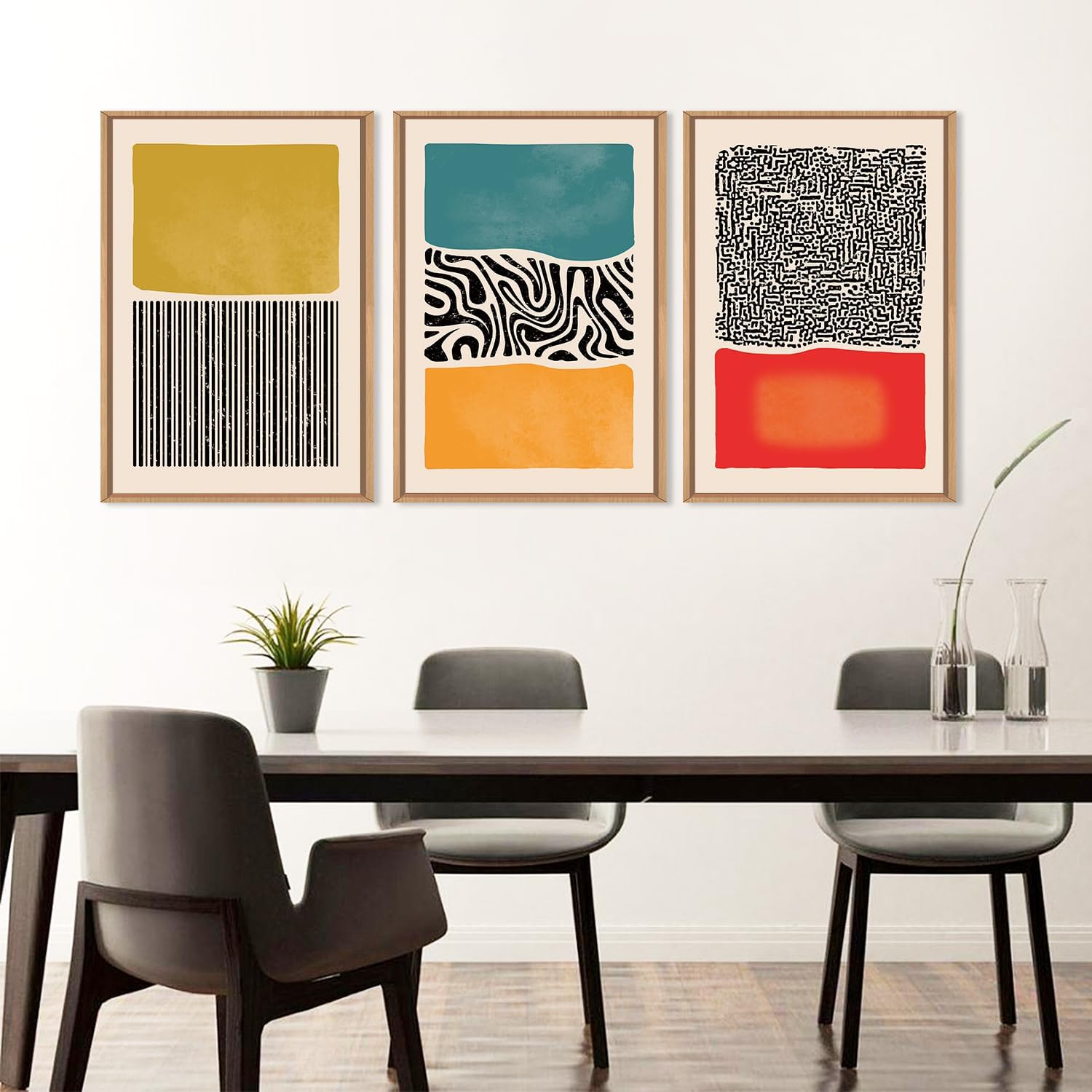 HLNIUC Large Mid Century Modern Wall Art Framed 24x36, Boho Abstract 3 Piece Canvas Decor, Mcm Vintage Bohemian Color Block Painting, Geometric Line Art Print for Living Room, Bedroom, Office