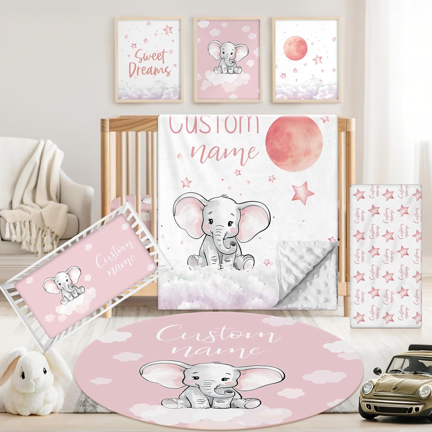 Personalized Baby Crib Bedding Set, 5 Pcs Custom Name Nursery Bedding Set for Girls Boys, Cute Elephant Baby Crib Set for Toddlers Infants, Double Layer Bedding Crib Sets Customized Gifts