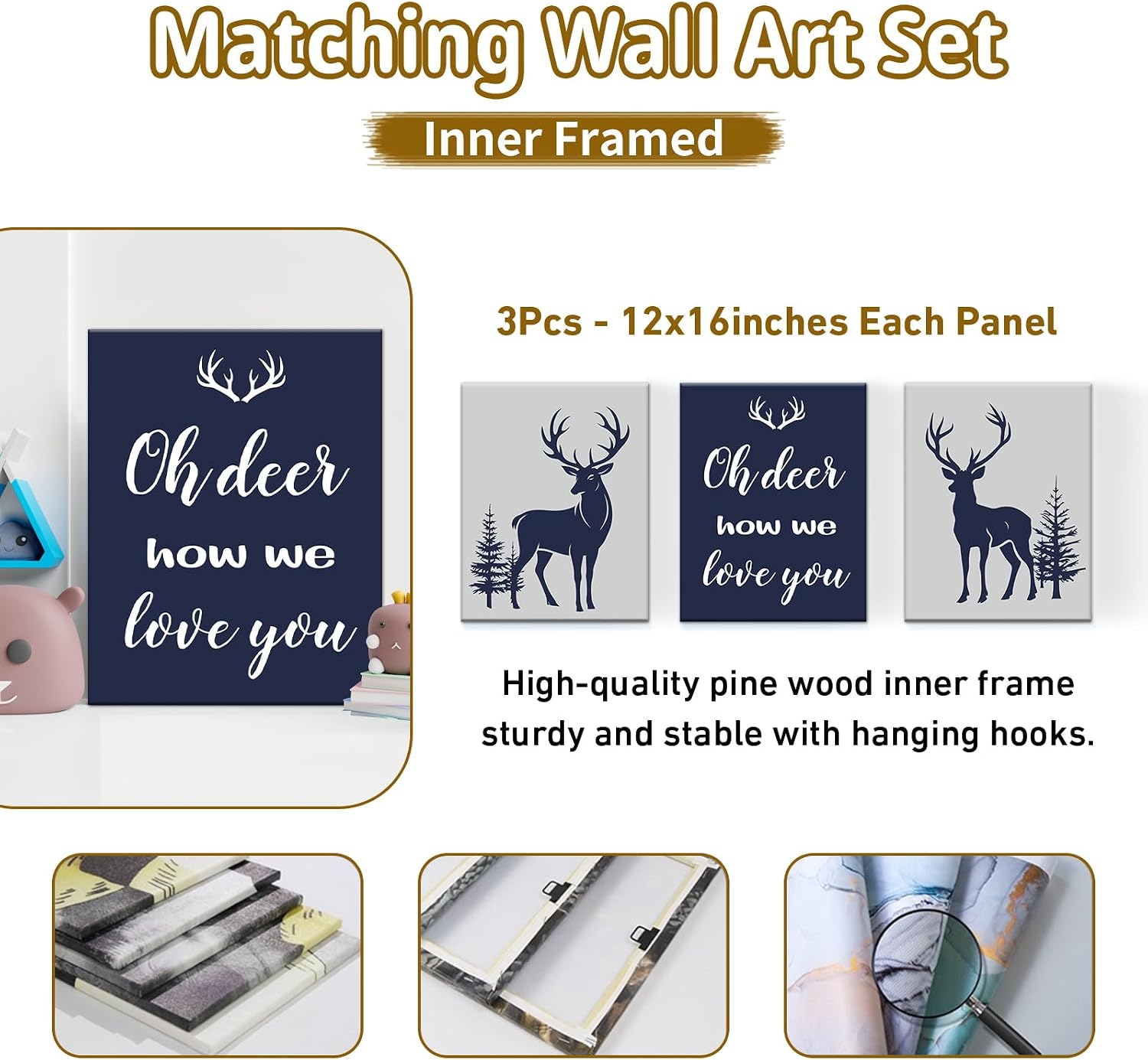 Terwex Personalized Baby Bedding, 5 Pcs Custom Name Bedding Sets for Girls & Boys - Nursery Beds, Soft Toddler Sets for Infant Customized Gifts, Blue Woodland Deer