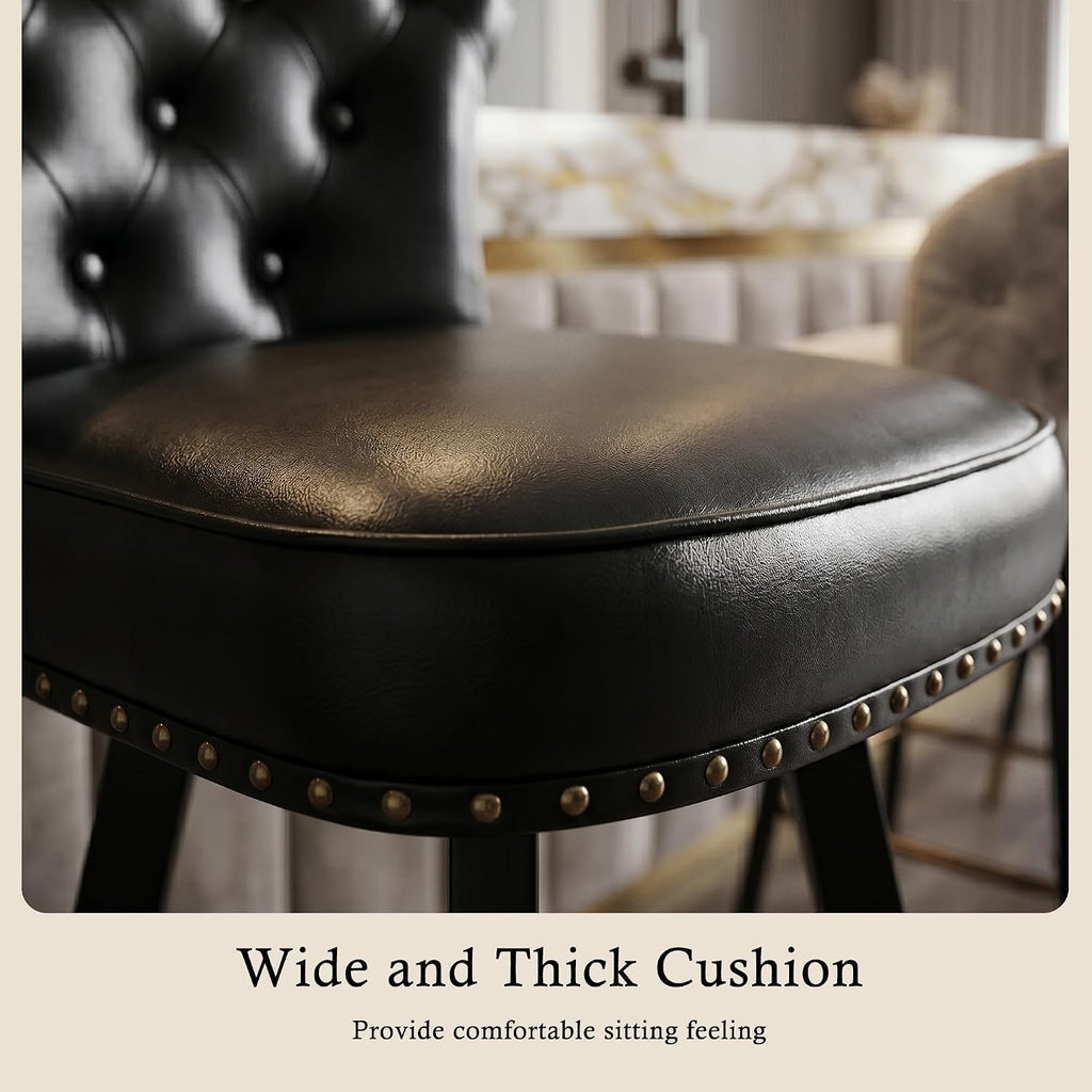 Counter Height Bar Stools Set of 6, 26' Mid-Century Swivel Bar Stool with Metal Base for Kitchen Island, Rivet Armless Faux PU Leather Barstool with High Back and Large Thick Cushion, Black