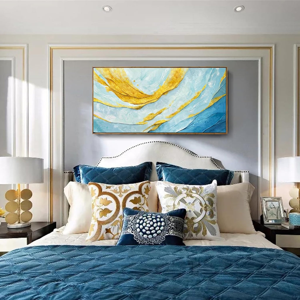 Nicetop Framed Abstract Wall Art for Living Room– Large Size Coastal Canvas Print Modern Picture Horizontal Blue and Gold Artwork with Wood Frame for Bedroom Home Office Aesthetic Decor 48x24 Inch