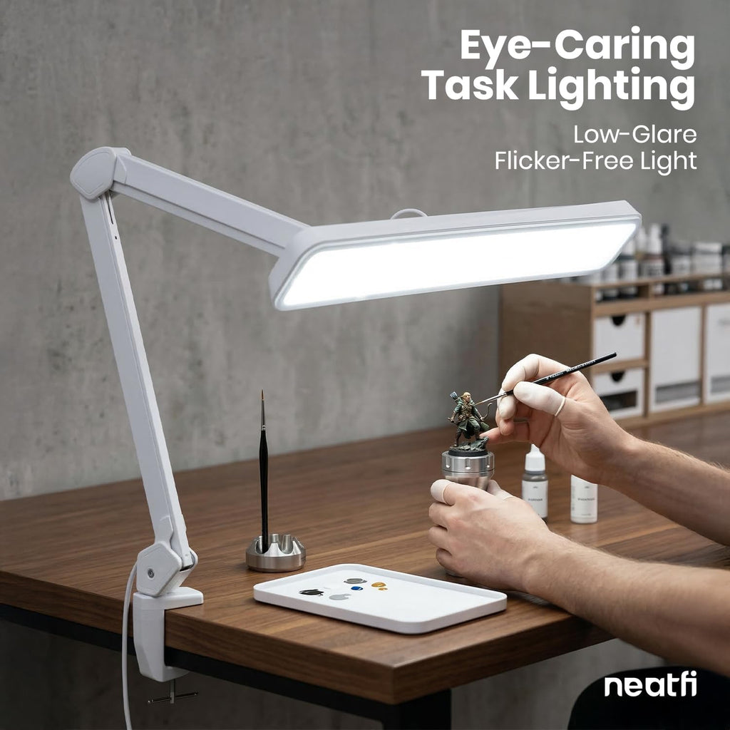 Neatfi XL 2,500 Lumens 30W LED Task Lamp for Manicure Table, Crafts, Workbench, Office – 22' Wide Shade Desk Light | Eye-Caring 6500K | 4-Level Brightness (White, Non-CCT with Clamp)