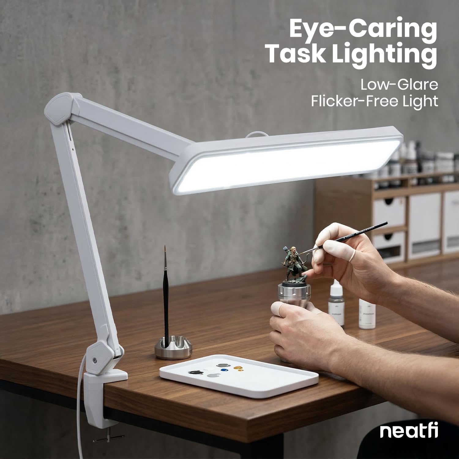 Neatfi XL 2,500 Lumens 30W LED Task Lamp for Manicure Table, Crafts, Workbench, Office – 22' Wide Shade Desk Light | Eye-Caring 6500K | 4-Level Brightness (White, Non-CCT with Clamp)