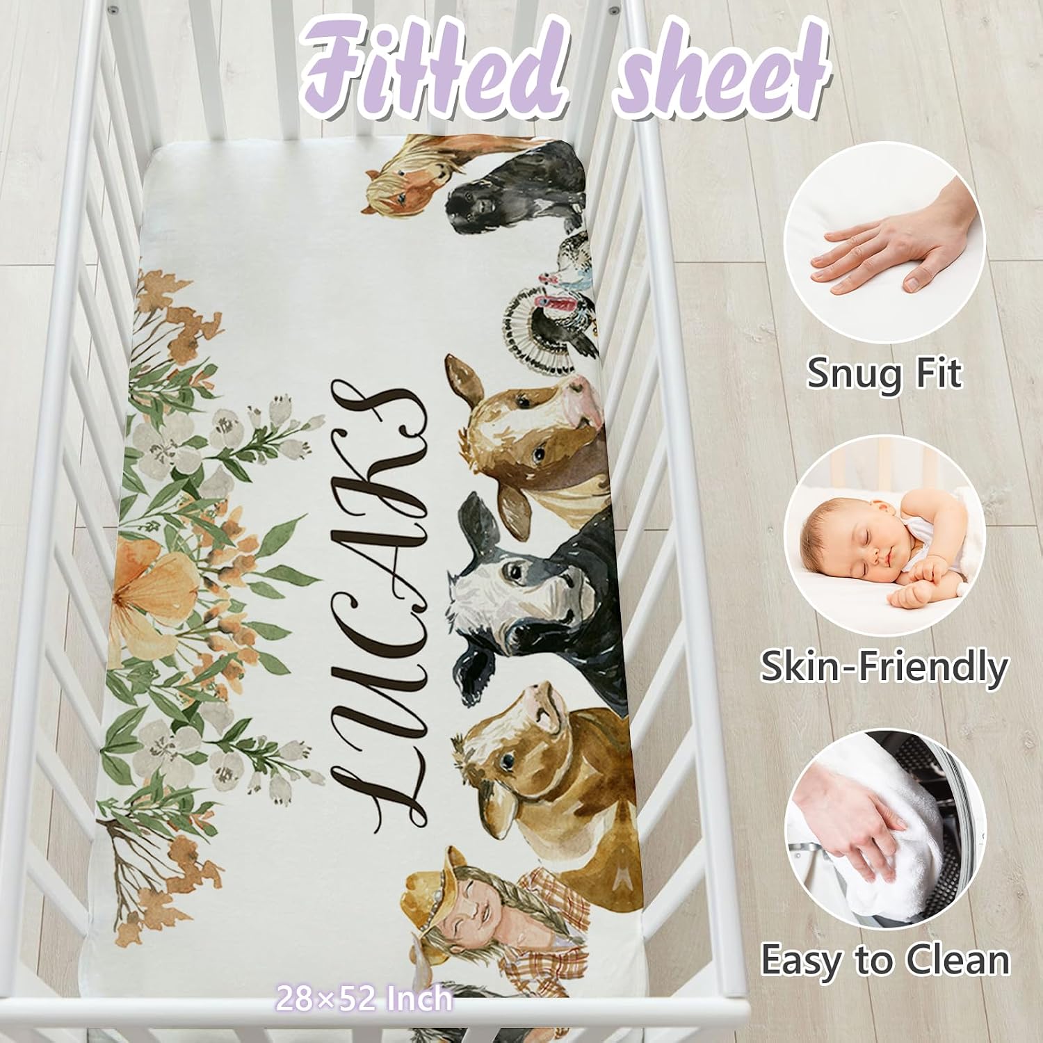 Custom Baby Crib Bedding Set, 5 PCS Personalized Name Baby Crib Sets for Girls Boys, Farm Animals Theme Nursery Bedding Sets for Infant Toddler, Double Layer Flannel Bed Set Customized Gifts