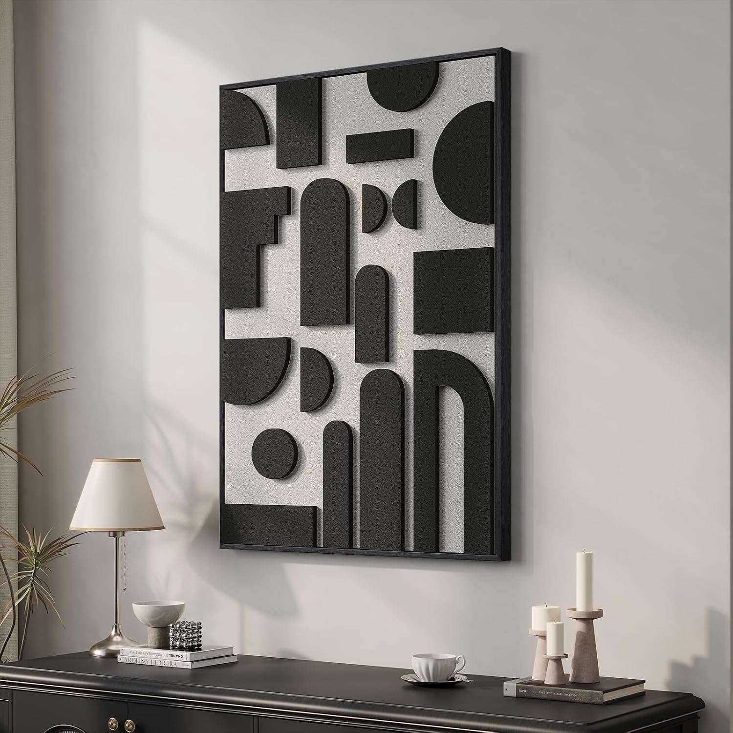 Framed 3D Black and White Abstract Wall Art, Modern Geometric Block Artwork for Walls, Minimalist Shape Pictures for Living Room Bedroom Dining Room Hallway Home Office Wall Decor, 24x36 In