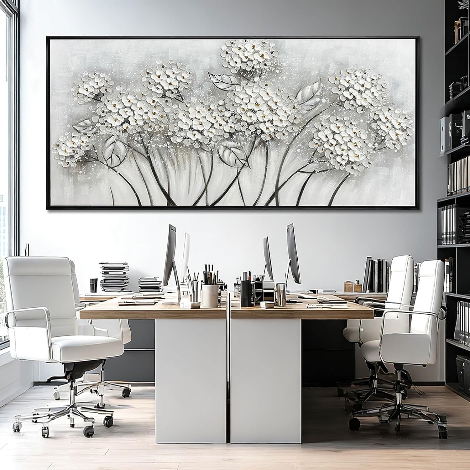 Kureful Grey and White Hand Painted Wall Art Flower Canvas Artwork Contemporary Oil Paintings 40'x86' Decorations for Bedroom Office