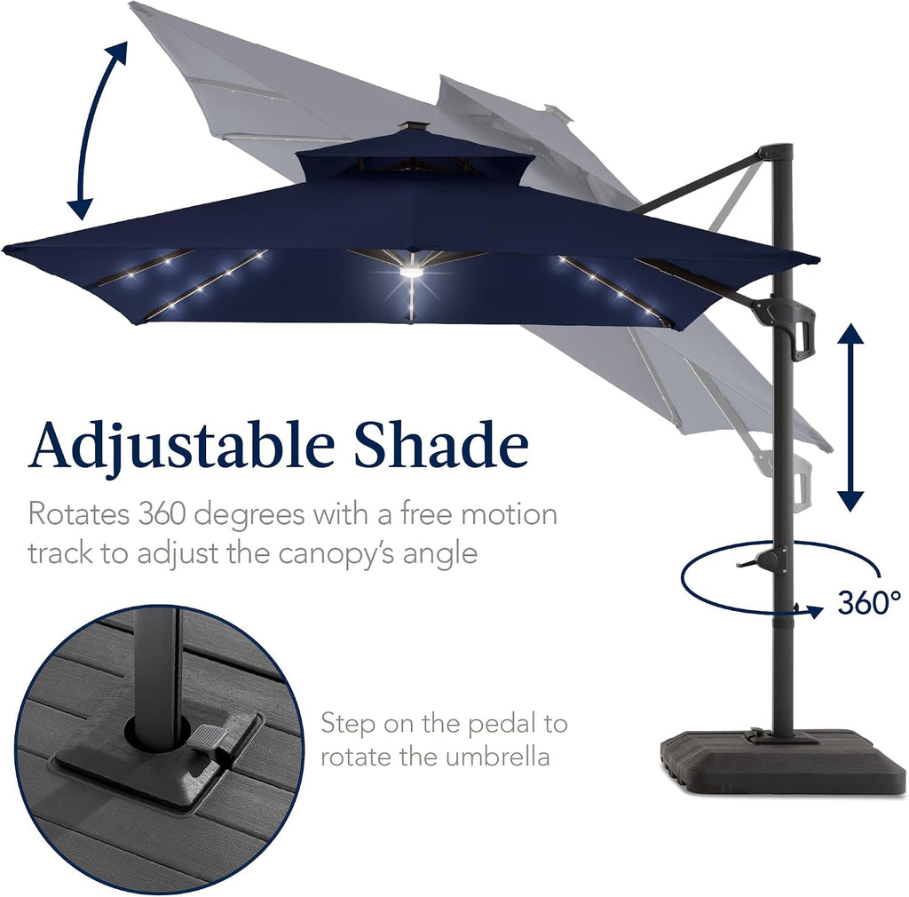 Best Choice Products 12x12ft LED Cantilever Patio Umbrella w/Base Included & 360° Rotation, Large Solar Offset Hanging Outdoor Sun Shade for Deck, Backyard Table w/Stand & Lights – Navy Blue