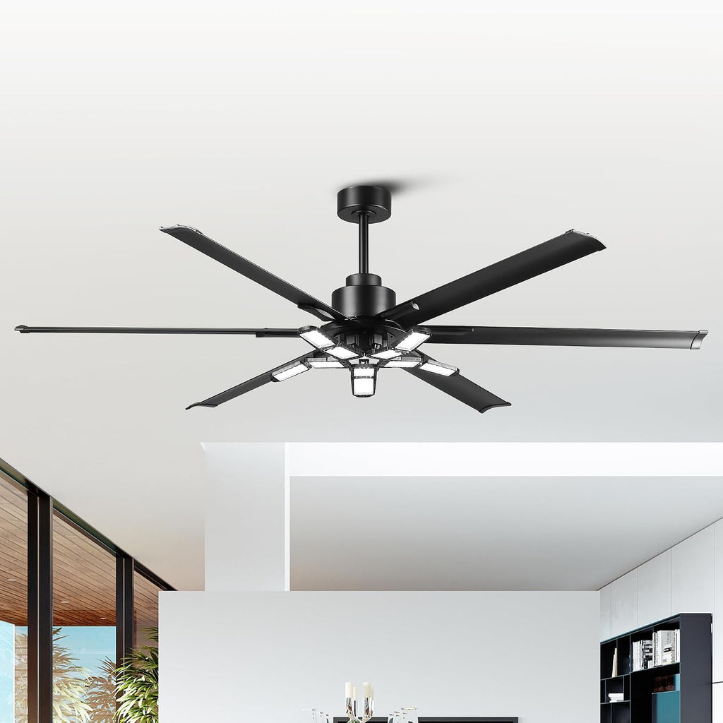 72 Inch Large Ceiling Fan with Lights and Remote, Industrial High CFM Ceiling Fans for Shop Garage Barn, 6609LM Super Bright LED, 6 Aluminum Blades, Reversible Quiet DC Motor, Matte Black