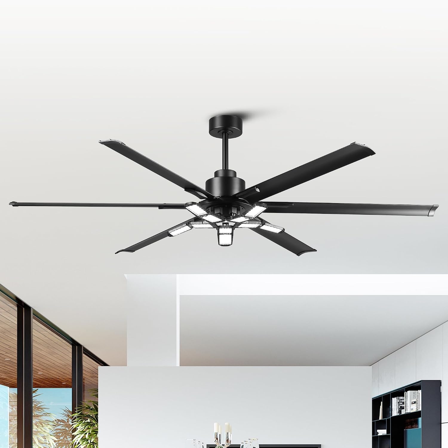 72 Inch Large Ceiling Fan with Lights and Remote, Industrial High CFM Ceiling Fans for Shop Garage Barn, 6609LM Super Bright LED, 6 Aluminum Blades, Reversible Quiet DC Motor, Matte Black