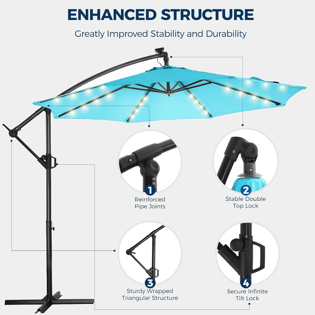 HOMSHADE 10ft Solar Lights Offset Cantilever Patio Umbrella - with Light and Base, LED Lighted Offset Hanging Patio Outdoor Market Umbrella UPF50+ UV Protection with Easy Tilt and Crank (Light Blue)
