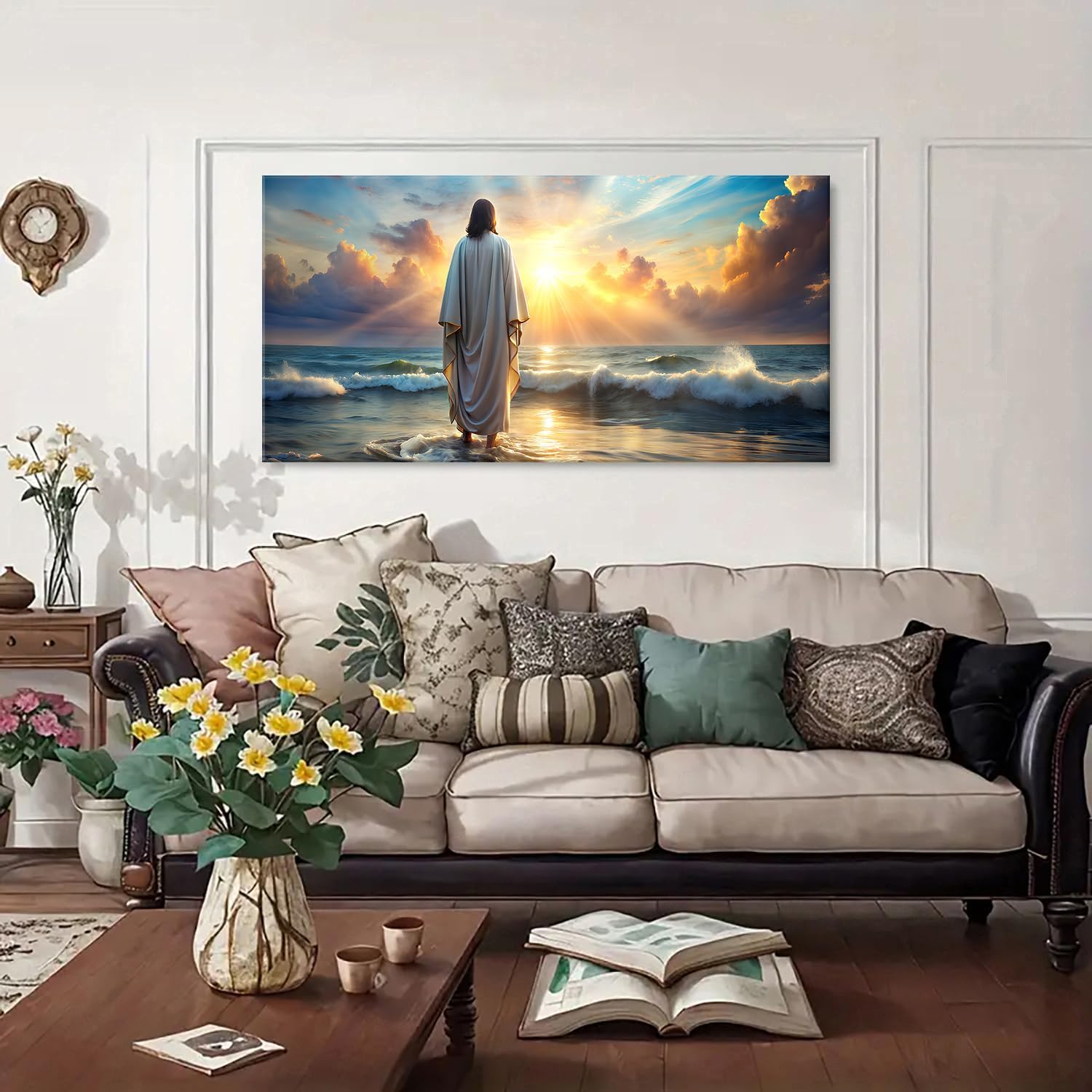 Large Jesus Canvas Wall Art Jesus Walking on Water Wall Decor for Living Room Office Inspirational Christian Picture Prints Sunset Ocean Coastal Painting Religious Poster Artwork Decorations 24x48'