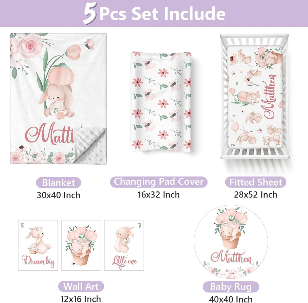 Custom Baby Crib Bedding Set, 5 PCS Personalized Name Baby Crib Sets for Girls Boys, Cute Rabbit Theme Nursery Bedding Sets for Infant Toddler, Double Layer Flannel Bed Set Customized Gifts